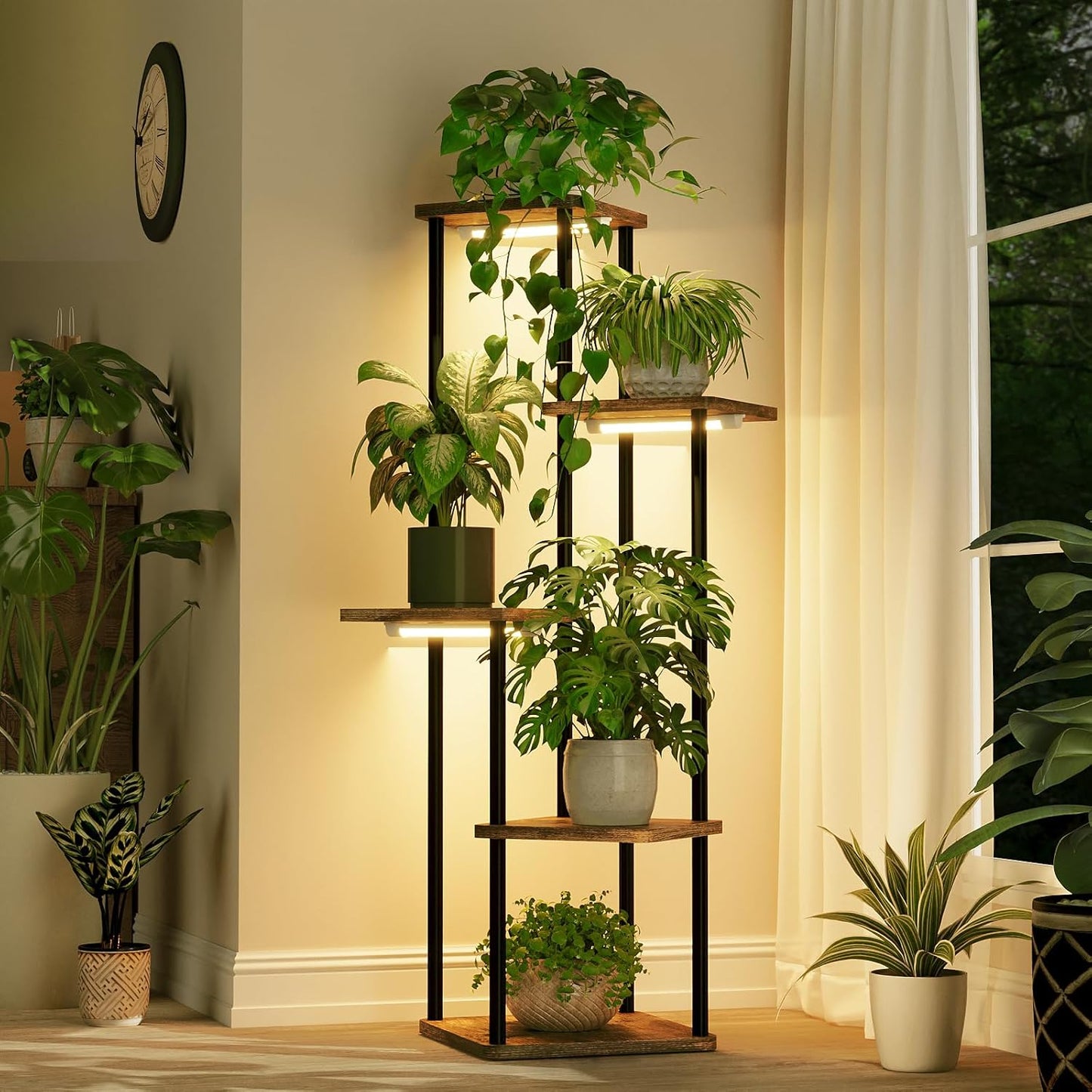 Bamworld Tall Plant Stand Indoor with Grow Light Corner Plant Stand for Indoor Plants 5 Tier Metal Wood Plant Shelf with Grow Lights for Living Room Bedroom Patio Garden Balcony Decor