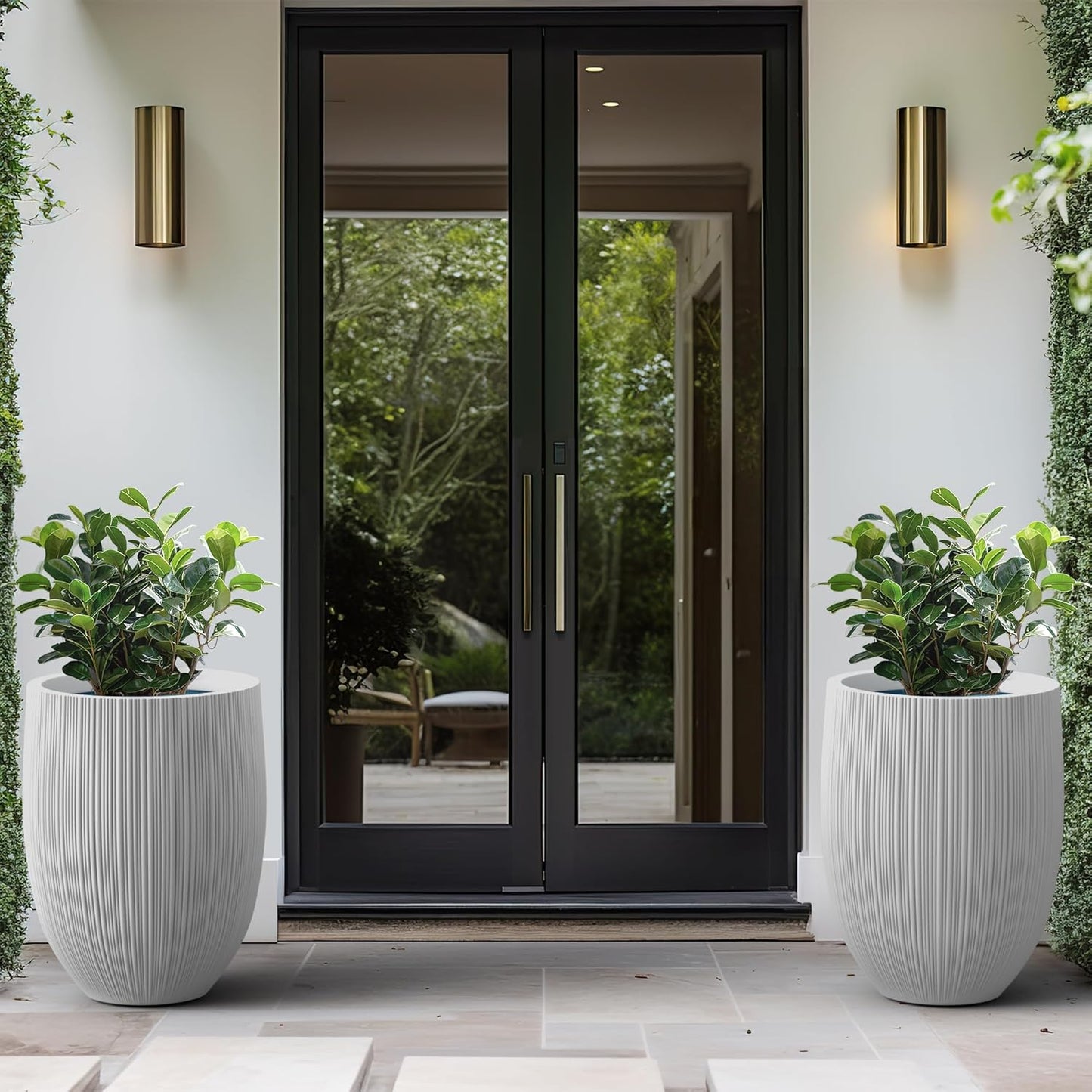 Kante Round Fluted Concrete Planter, 16.9-Inch Dia Barrel-Style Pot with Drainage Hole, White Finish with Aqua Blue Interior, 13.7" Opening, for Indoor and Outdoor Use