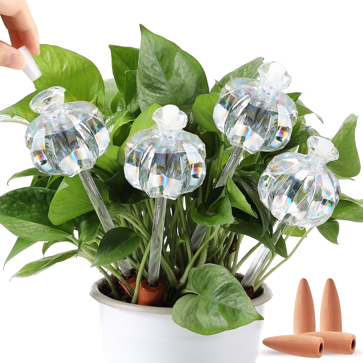 Meonum 4 Pcs Plant Watering Globes, Rainbow Glass Self Water Bulbs with Non Clogging Terracotta Spikes, Automatic Watering Globes for Indoor Outdoor Plants, Vacation Planting Water Devices