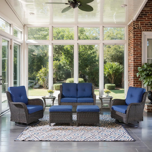 Outdoor Patio Furniture Set - 7 Piece Brown Wicker Conversation Patio Furniture Set All Weather Swivel Chairs with Ottoman and Loveseat Glider Chair for Deck Balcony Backyard