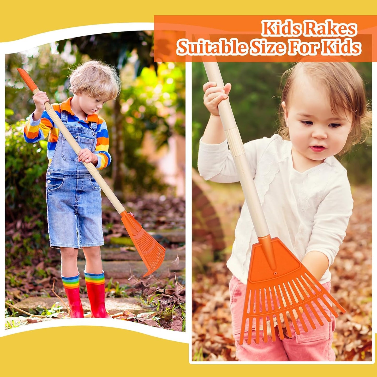 Therwen 8 Pcs Kids Rake 31" Child Size Plastic Lawn Rakes for Leaves Small Rake with Plastic Head and Wooden Handle Toddler Kid Gardening Tools for Leaves Gardening Camping(Orange)