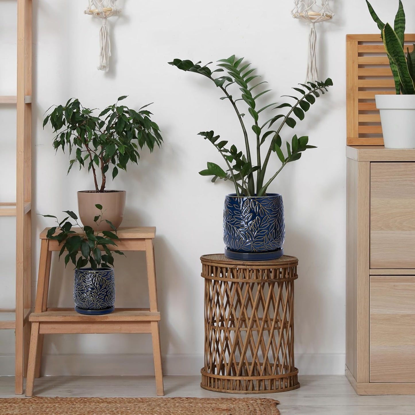 D'vine Dev 6 Inch Embossed Leaves Stoneware Planter Pot with Drainage Hole and Saucer, Midnight Blue, Set of 2, 27-F-X-3