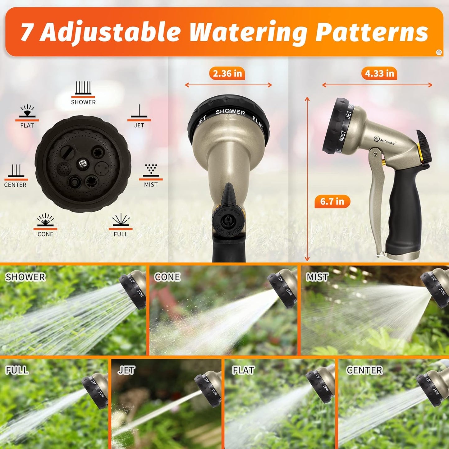 AUTOMAN Garden Hose Nozzle - 7 Patterns Sprayer, 100% Metal High Pressure Spray Nozzle, Labor-Saving Design, Heavy Duty Water Hose Nozzle for Garden Watering, Car Washing, Window Cleaning,Pets Bathing