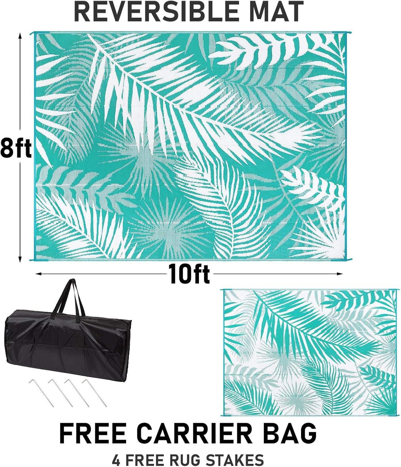 Outdoor Rug 8'x10' Waterproof for Patios Clearance, Reversible Outdoor Plastic Straw Rug Camping Carpet, Outside Floor Mats Large Area Rugs for RV,Patio,Deck,Porch, Beach,Balcony,Teal&White