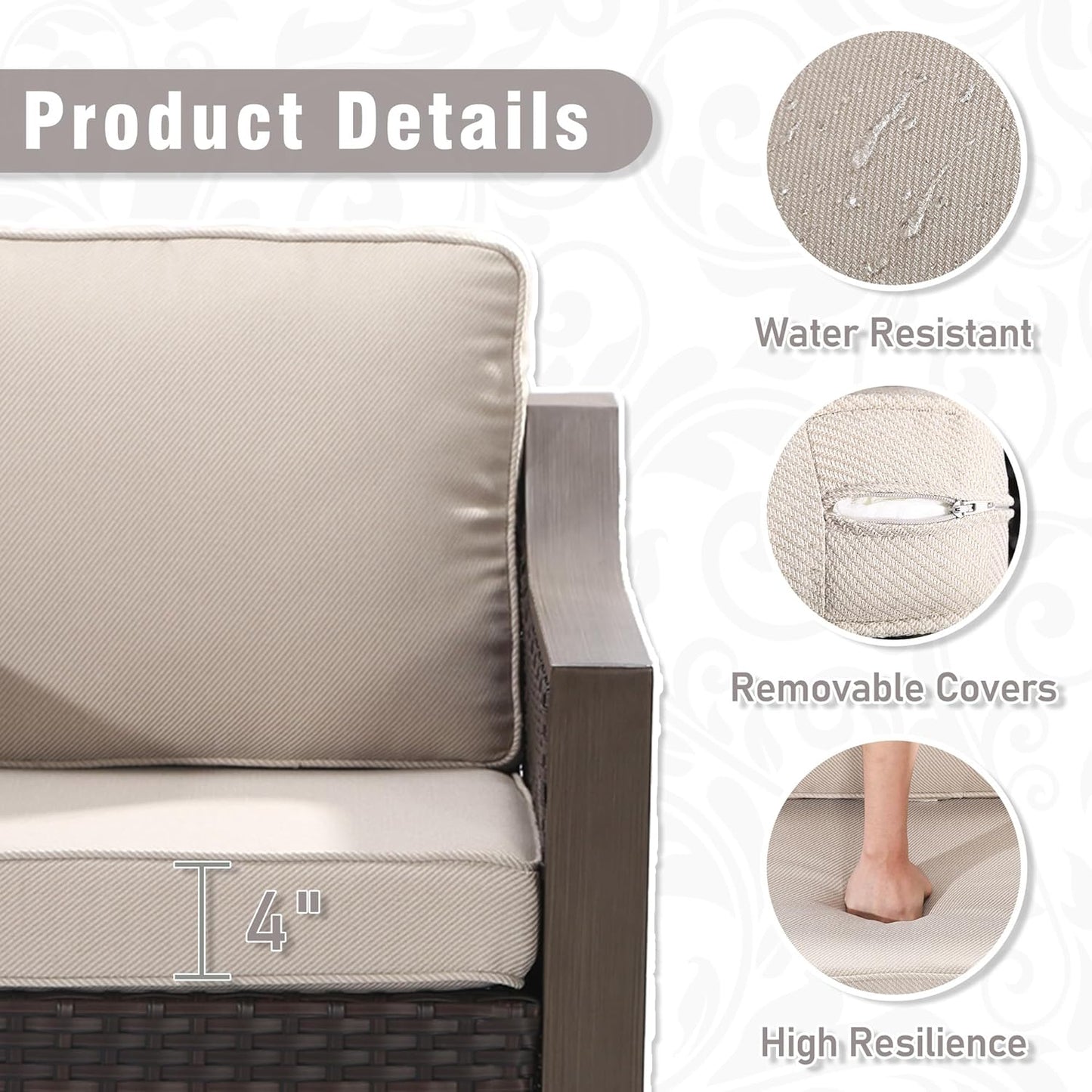 5 Piece Wicker Patio Conversation Set, All-Weather Use Outdoor 2 PE Rattan Swivel Chair, 2 Ottoman, 1 Patio Sofa, Removable Water-Resistant Cushion, Ideal for Porch, Backyard, Balcony, Poolside, Beige