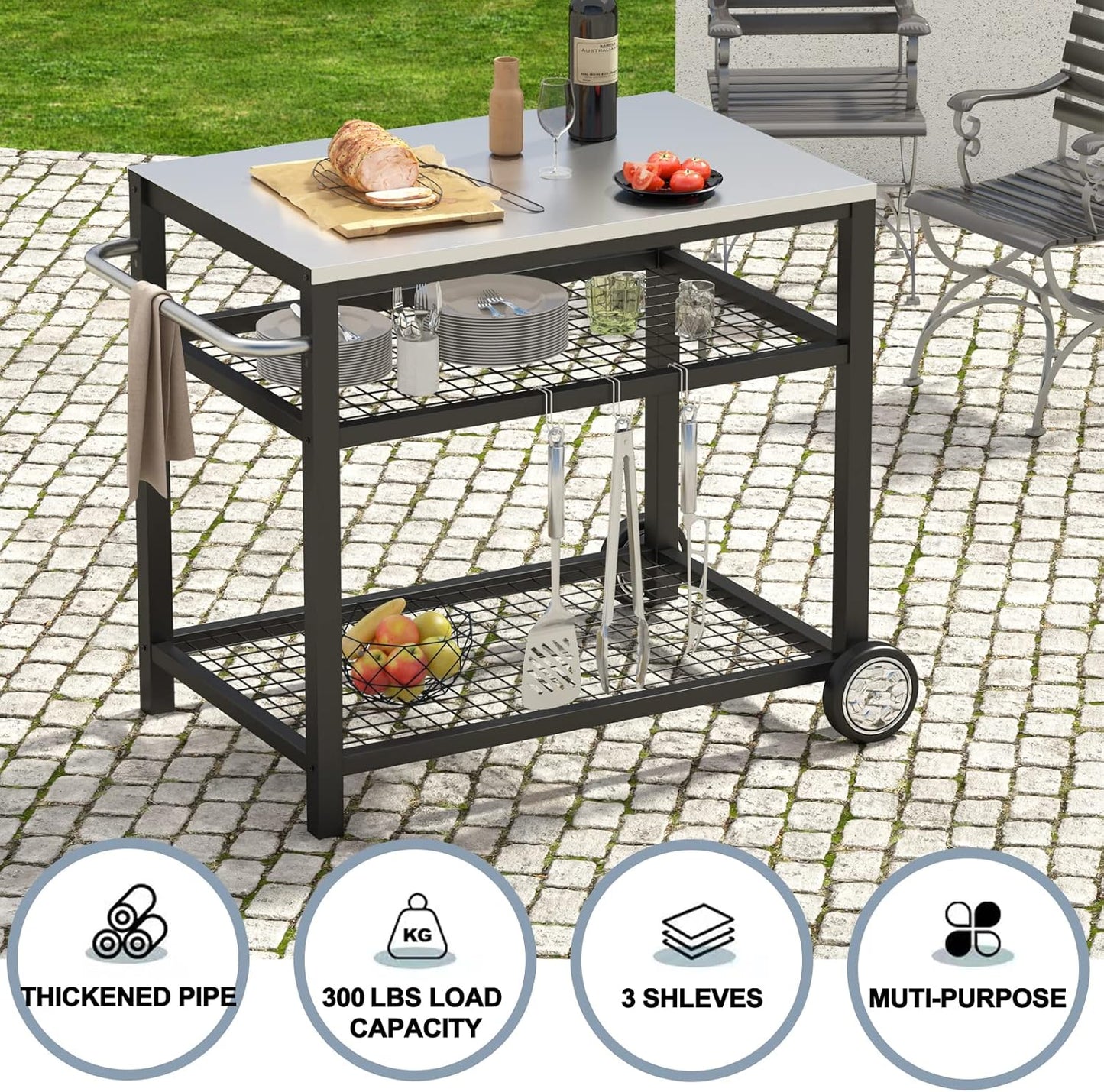 Movable Food Prep and Work Table Stainless Steel Grill Cart Modular Table with Wheels and Handle Double-Shelf Commercial Kitchen Tables Heavy Duty Pizza Oven Stand Outdoor