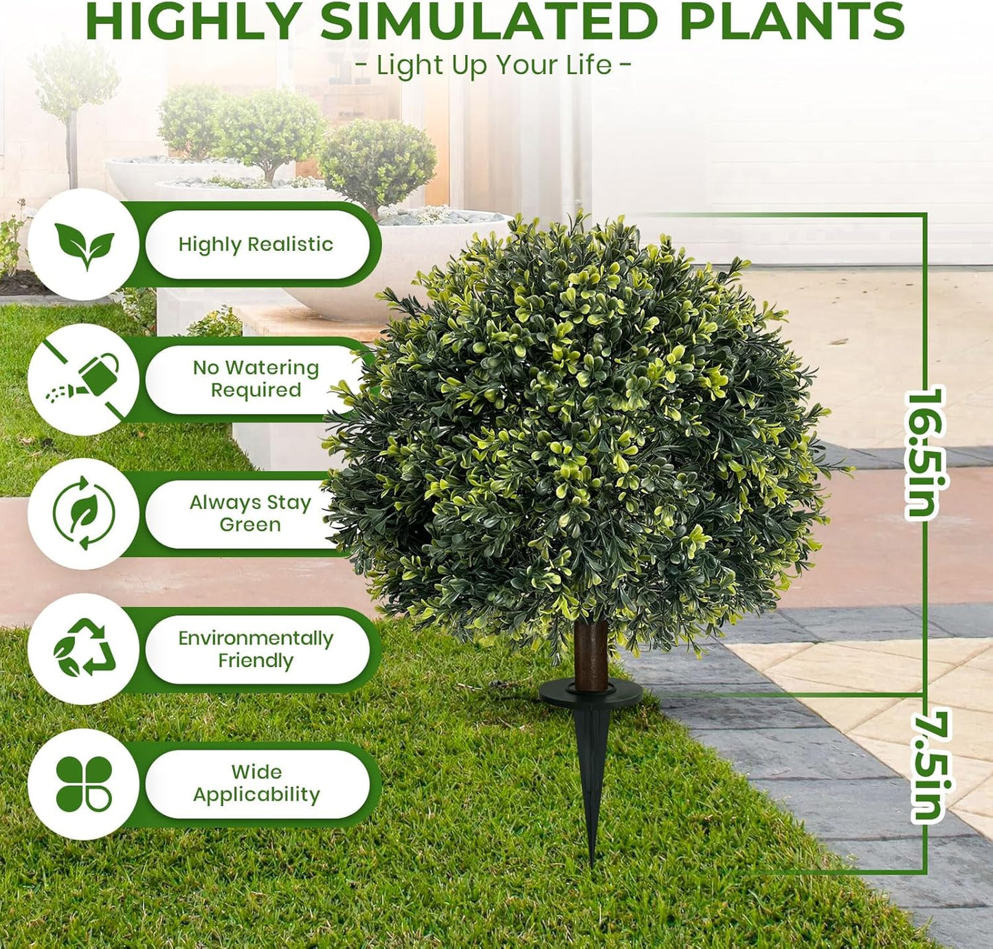 ICX 2 Pack 24" Artificial Boxwood Topiary Ball Trees with Ground Spike,Artificial Plants Outdoor,Fake Bushes & Shrubs for Porch, Garden, Front Porch Decor - Indoor/Outdoor Faux Plants