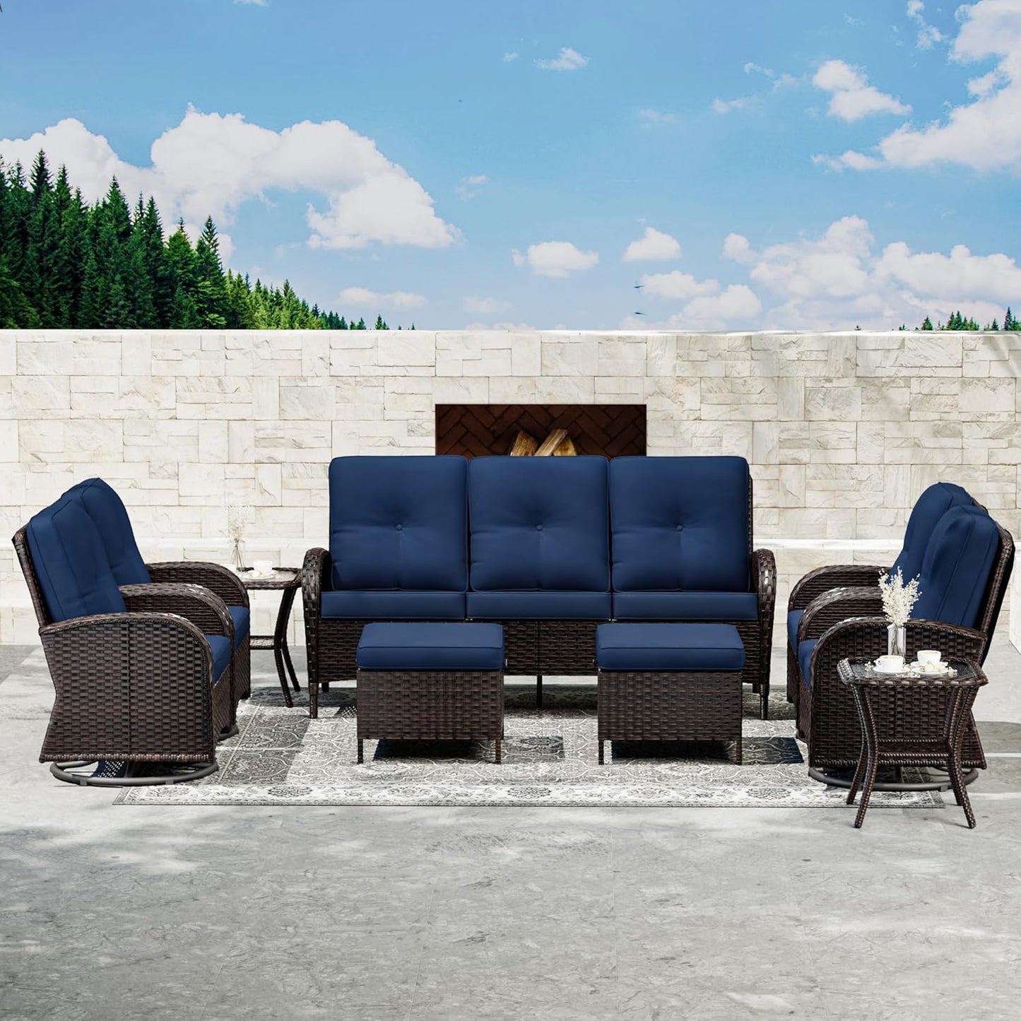 Joyside 9 Piece Patio Furniture Set, Outdoor Wicker Conversation Sets with Swivel Rocker Chairs and Sofa, Thick Cushion, Rattan Patio Sectional for Porch, Deck Use (Brown/Blue, 9 PCS)