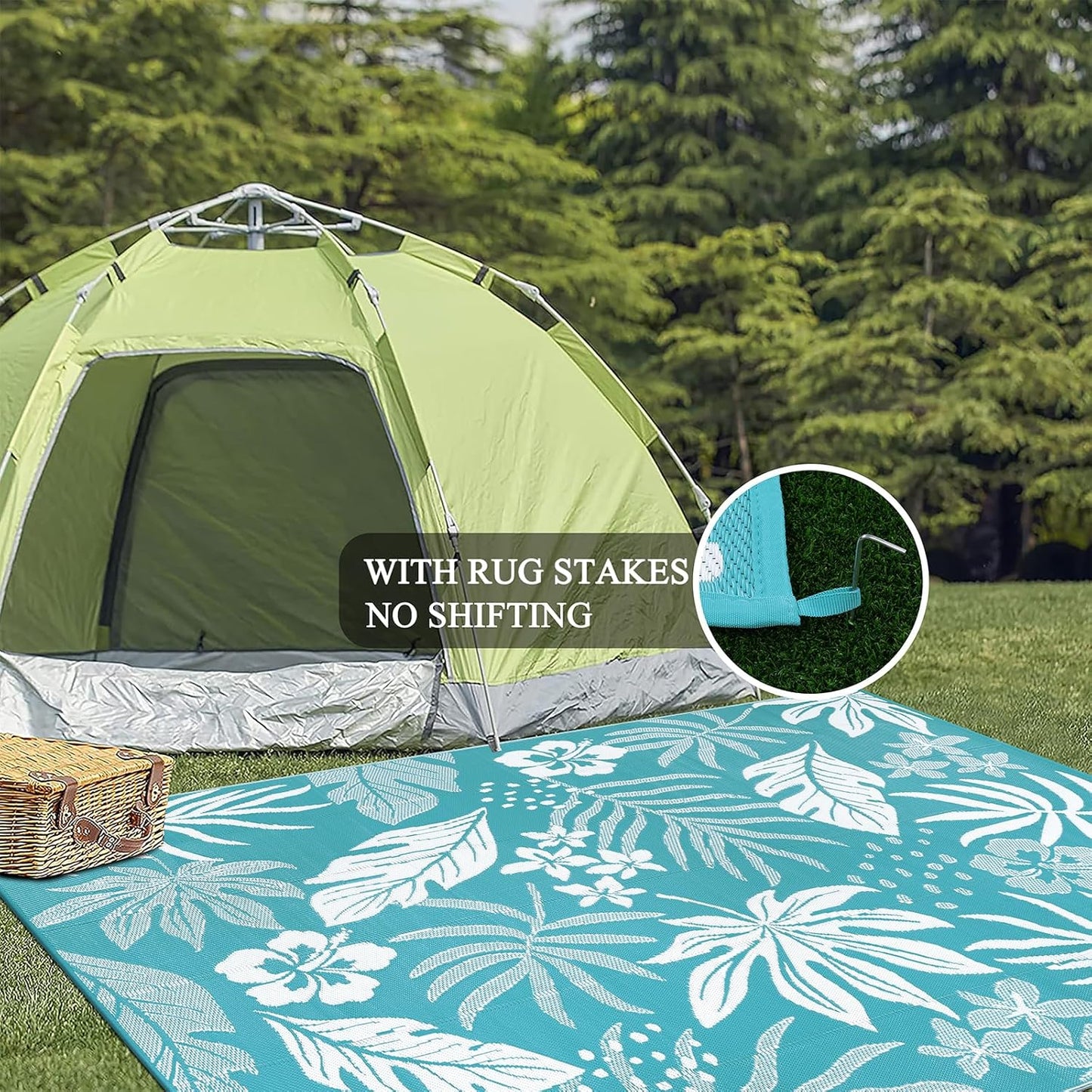 Pauwer Waterproof Outdoor Rug 9x12, Reversible Plastic Straw Patio Camping Rug, Indoor Outdoor RV Mat Carpet for Deck, Camper, Porch, Balcony, Backyard, Picnic, Floral Teal