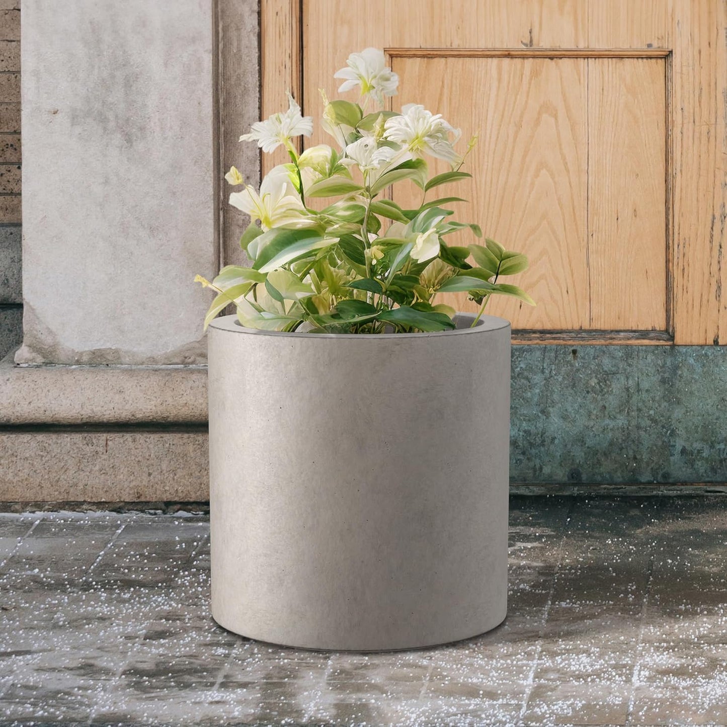 Kante 15.7" Dia Round Concrete Planter, Modern Style Large Cylindrical Plant Pot with Drainage Hole and Rubber Plug for Indoor Outdoor Patio, Weathered Concrete