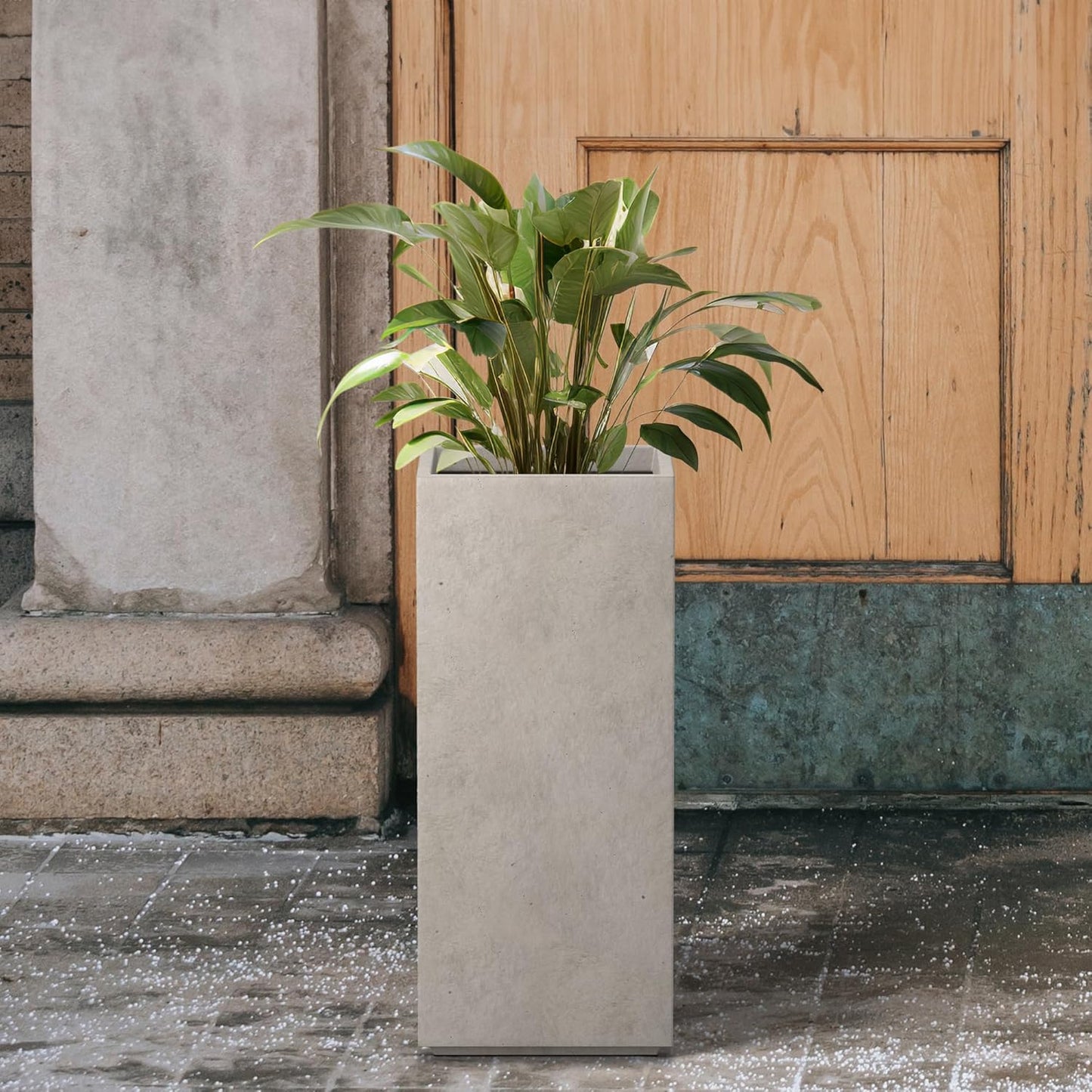 Kante 20.3" H Tall Rectangular Concrete Planter, Modern Square Diameter Plant Pot with Drainage Hole and Rubber Plug for Indoor Outdoor Home Patio Garden, Weatheted Concrete