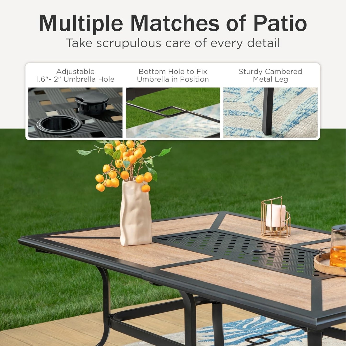 PHI VILLA Outdoor Dining Table for 6, Rectangular Metal Wrought Iron Table with Polywood Tabletop and Umbrella Hole, Large Heavy-Duty Furniture for Patio, Deck, Yard, Porch