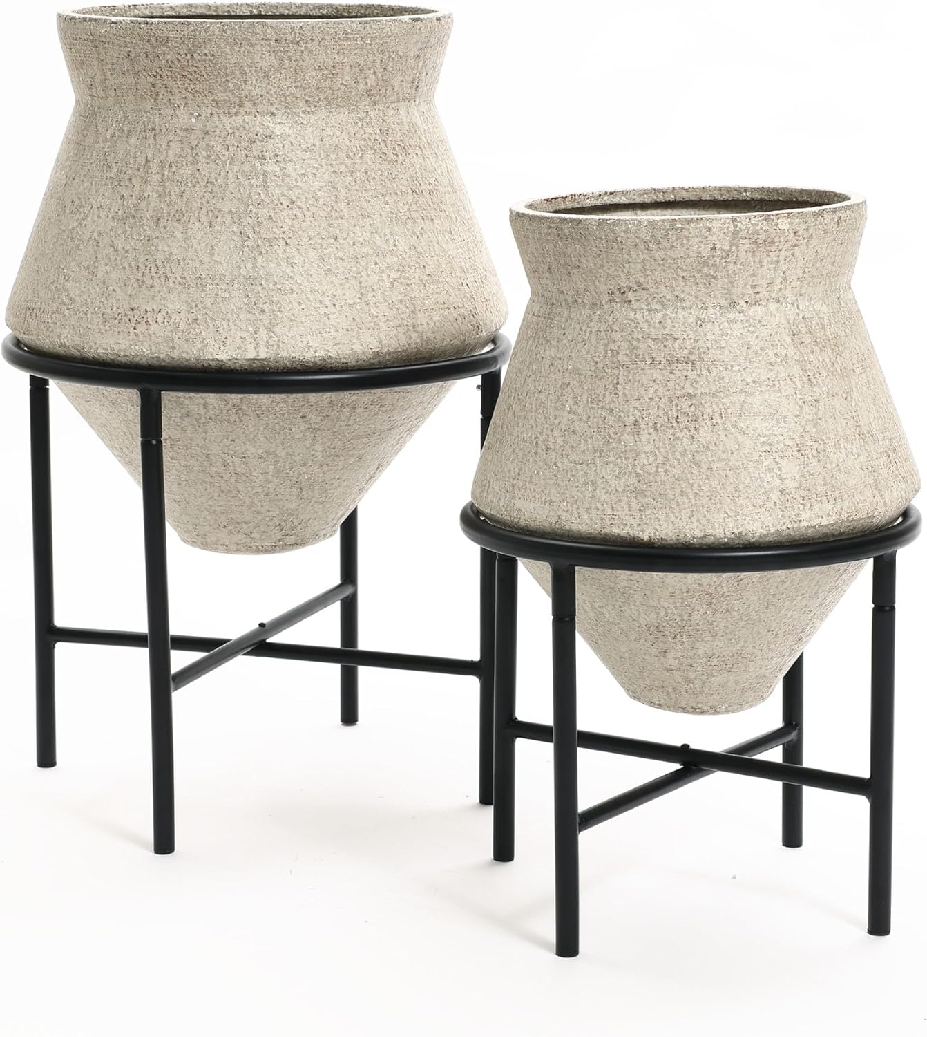 LuxenHome Planters for Indoor Plants, Set of 2 Indoor Plant Pots, Novelty Decorative Planters with Black Metal Stands, Distressed Cachepot Cauldron Large Floor Flower Pot for Living Room, 11 & 16 Inch