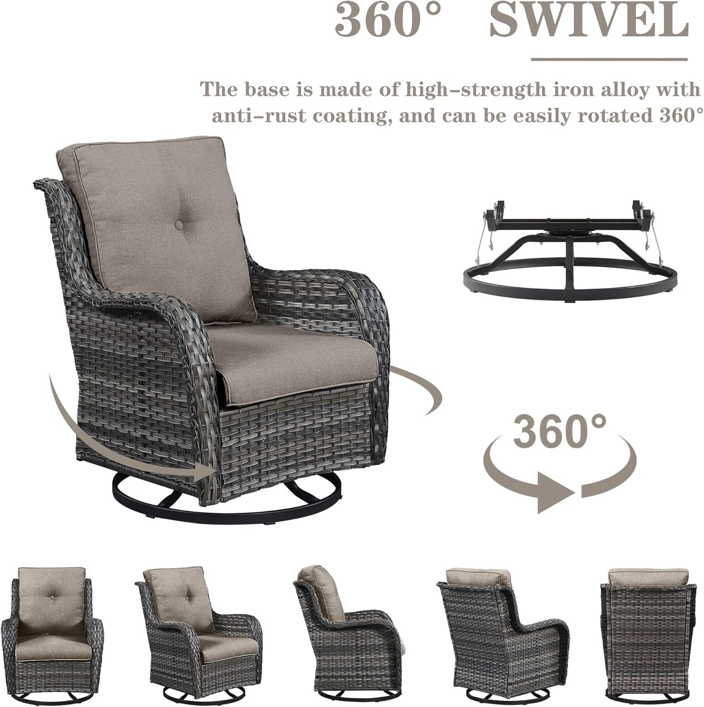 5 Pieces Patio Wicker Furniture Set - 4 Outdoor Swivel Rocker Glider Chairs with Propane Fire Pit Table, Patio Conversation Set Grey Cushion Perfect for Casual Gathering
