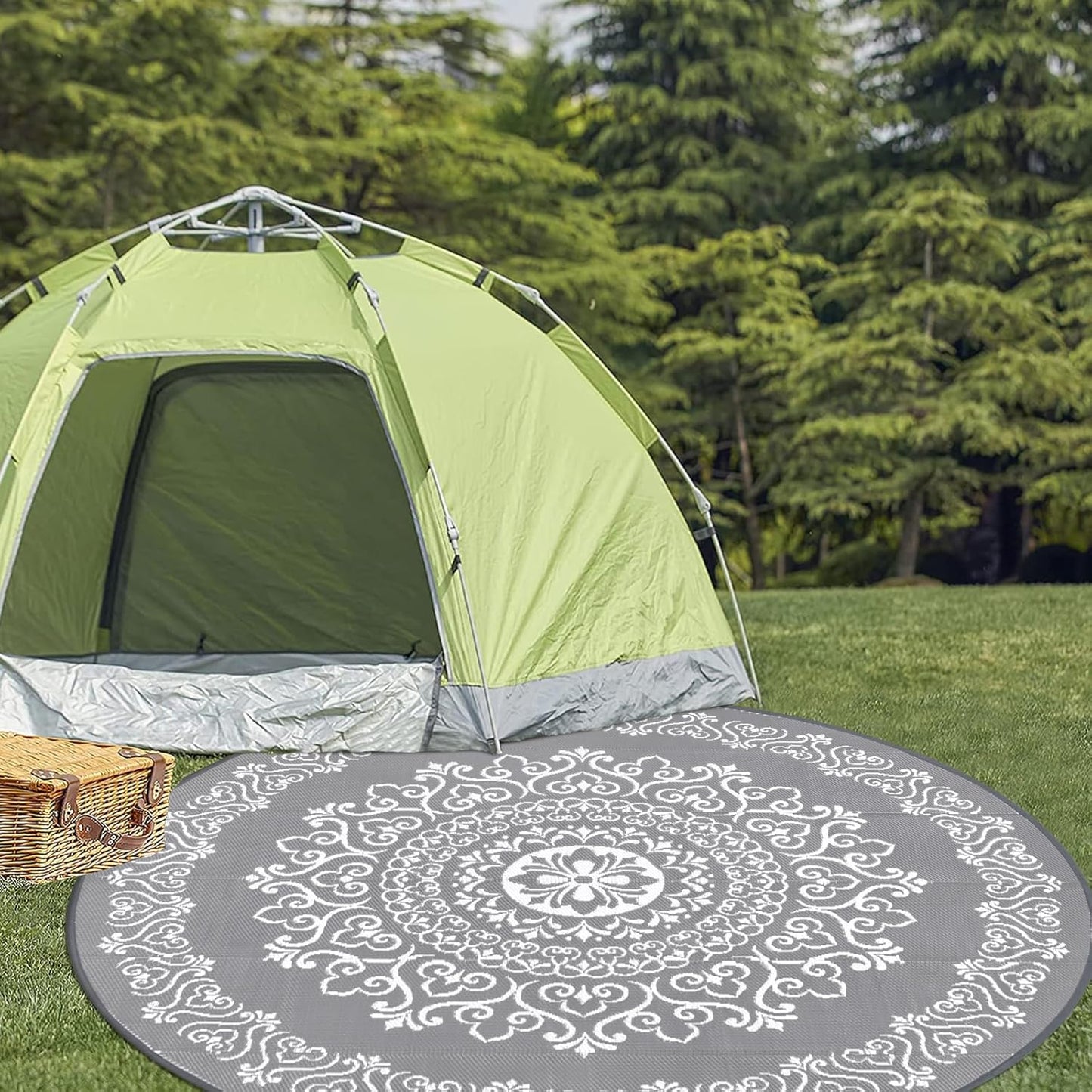 Pauwer Waterproof Outdoor Rug 8ft, Reversible Plastic Straw Patio Camping Rug, Indoor Outdoor RV Mat Carpet for Deck, Camper, Porch, Balcony, Backyard, Picnic, Floral Grey