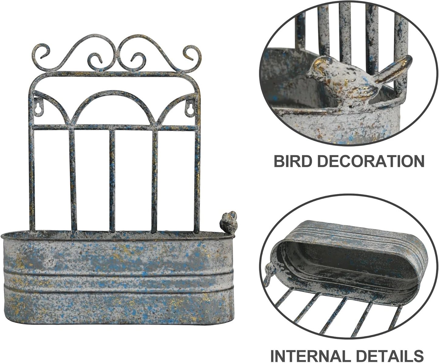 Rustic Metal Wall Planter Country Garden Wall Hanging Mount Vase Pocket Outdoor Vintage Hanging Pot Farmhouse Wall Decor for Plants Flowers (Blue)