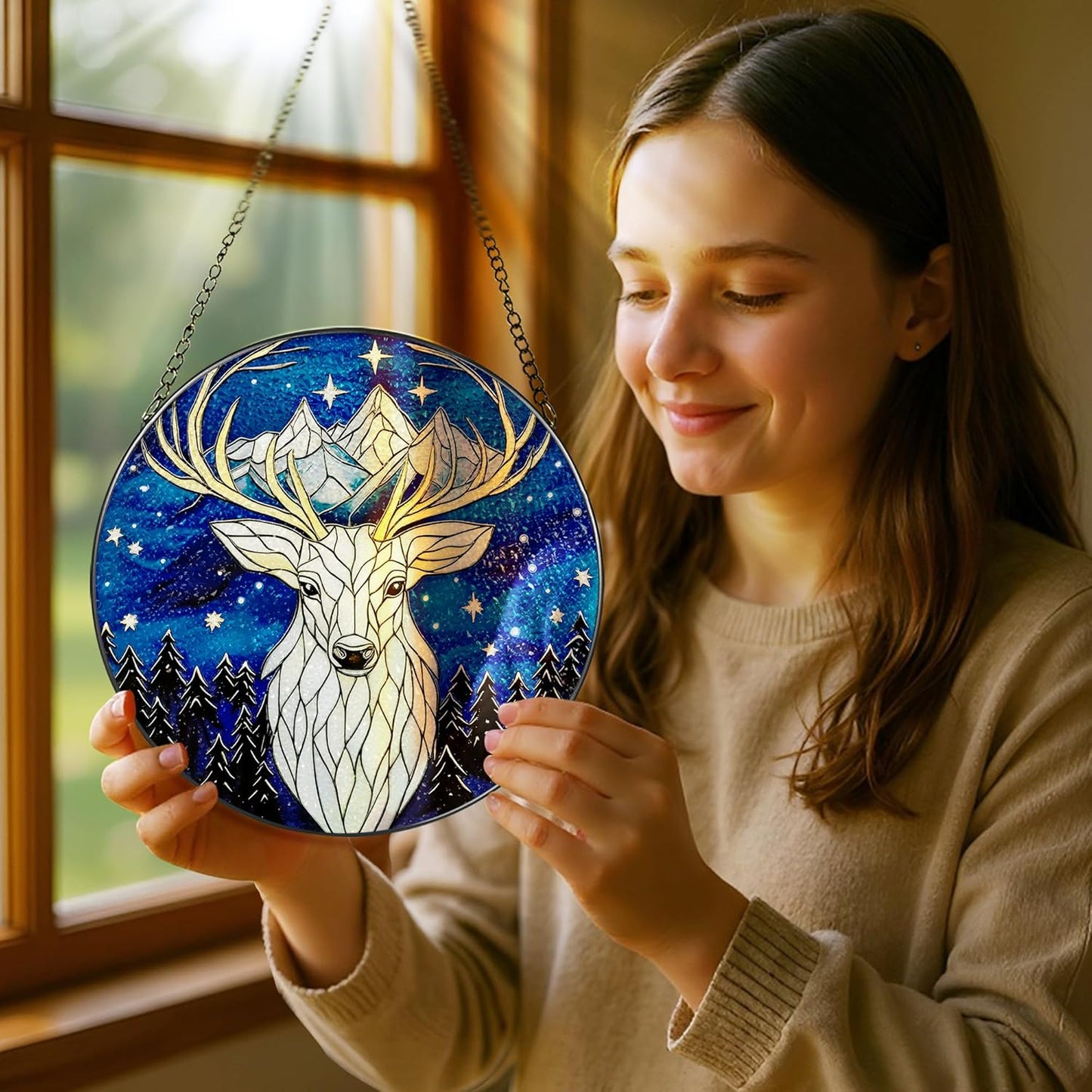 Stained Glass Window Hanging, Pauyadu 8 Inch Night Court Stained Glass Suncatcher, Sun Catchers Indoor Window, Home Decor for Windows, Nature Lover Gifts, Gifts for Women, Mom, Friend, Lover