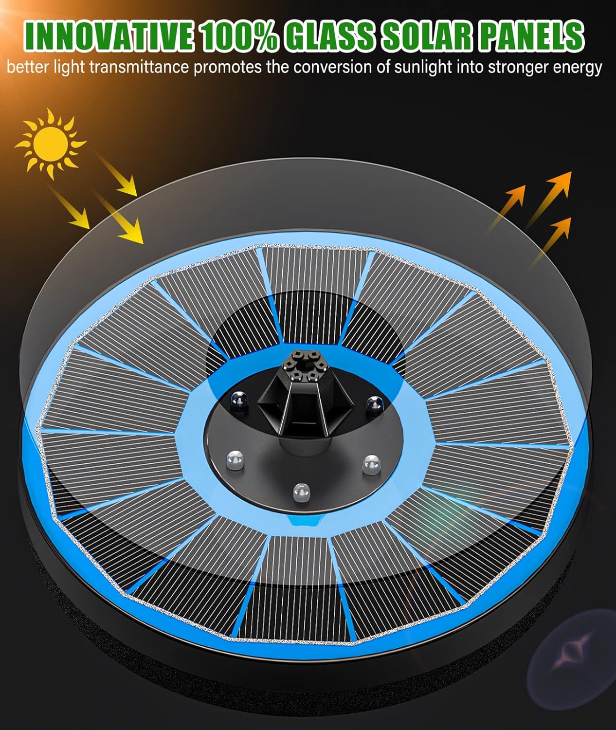 SZMP Solar Fountain Pump Upgraded 100% Glass Panel, 3.5W Solar Powered Fountain Built-in 2000 Battery with 7 Nozzle & 4 Fixer, Solar Fountain for Bird Bath, Pond, Fish Tank, Outdoor (Colorful)