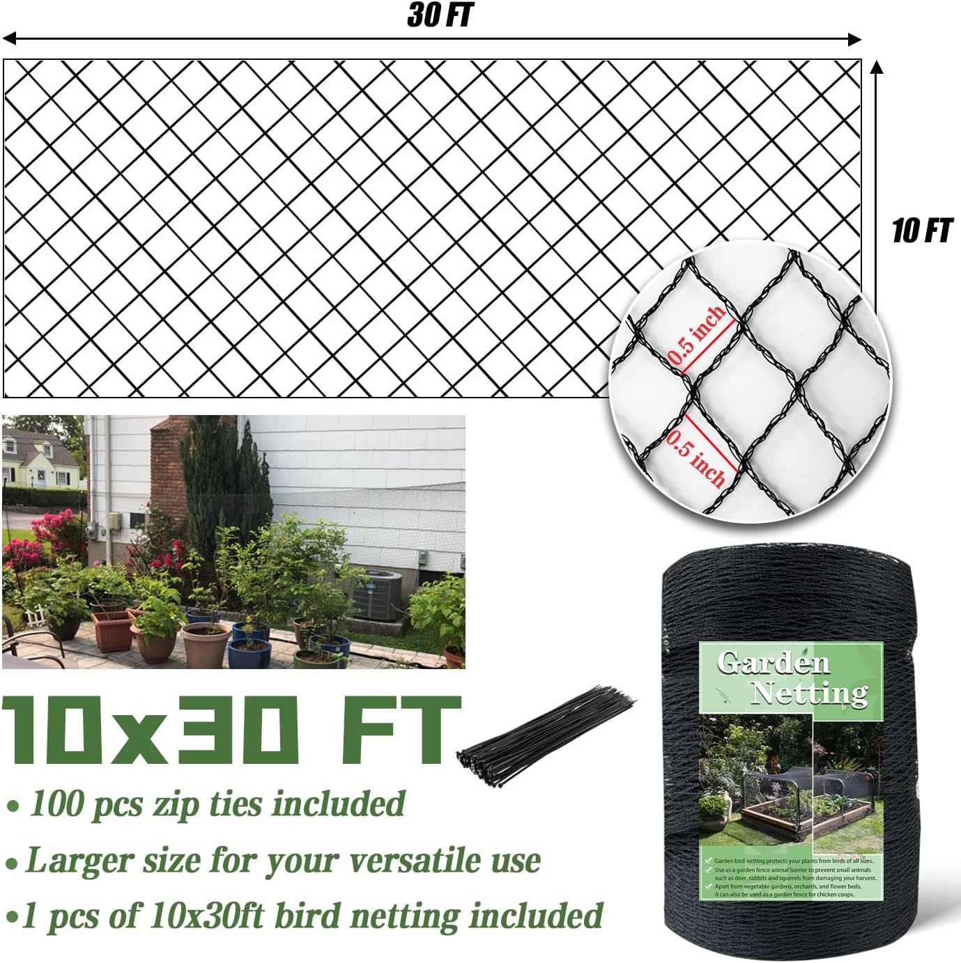 Bird Netting，10 x 30 FT Garden Netting Bird Net for Chicken Coop, Poultry Netting Fence for Fruit Trees, Plants and Vegetables Against Birds, Deer, Squirrels and Other Animals