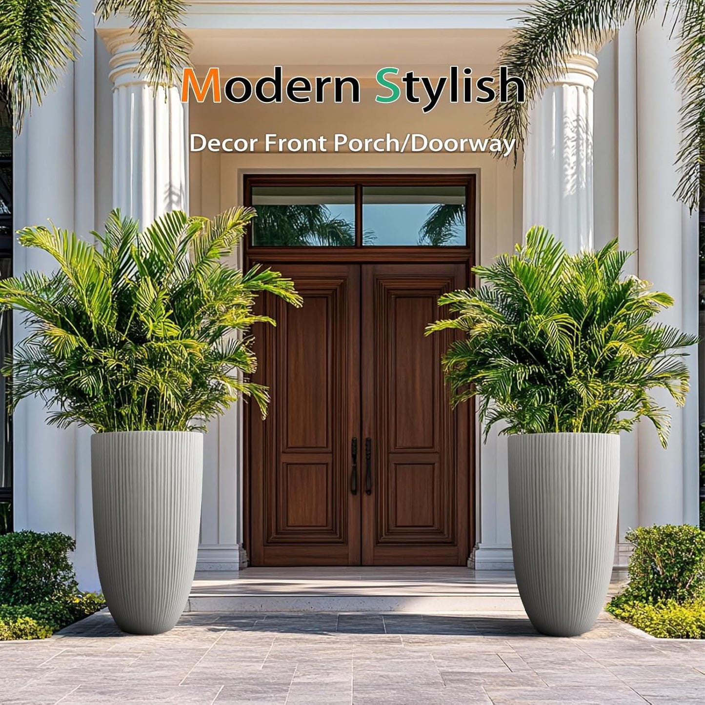 Tall Planters for Outdoor Plants, Large Concrete Flower Pots for Garden Front Porch, Patio, Indoor (Vertical Gray, 24 inch)