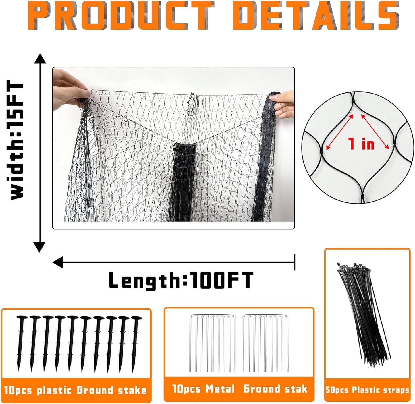 Bird Netting for Garden Heavy Duty Nylon Mesh Garden Netting for Garden Protection Bird Fence Plant Netting Protection Against Birds, Deer, Squirrels and Other Animals (15x100FT)