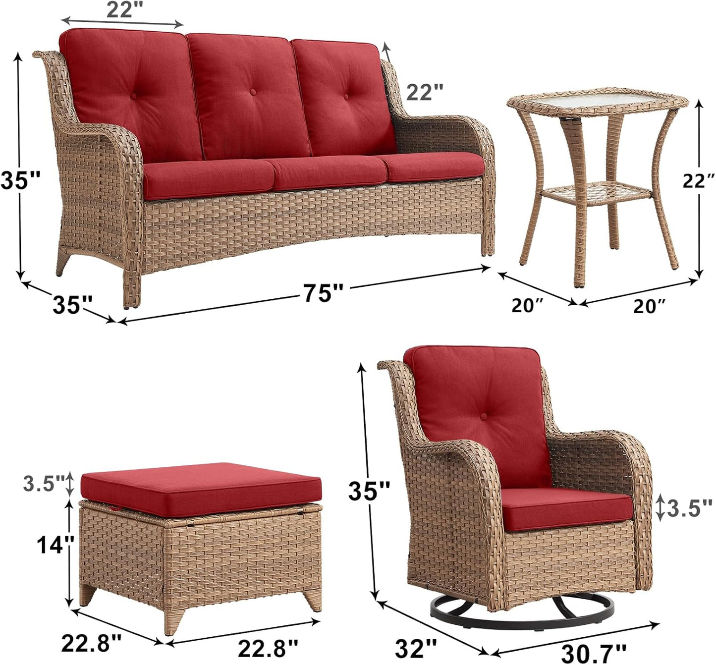 Outdoor Wicker Patio Furniture Set - 6 Piece Rattan Patio Conversation Set with 2 Rocking Swivel Chairs,2 Ottomans,1 Sofa and 1 Side Table for Porch Deck Backyard Garden(Yellow/Red)