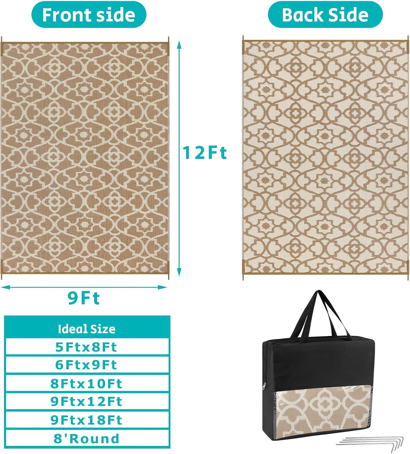 HEBE Outdoor Rug Waterproof 9x12, Plastic Straw Rug Camping Rug, Reversible Outdoor Patio Rugs RV Mat Clearance, Indoor Outside Floor Carpet for Porch,Deck,Camper,Balcony,Backyard