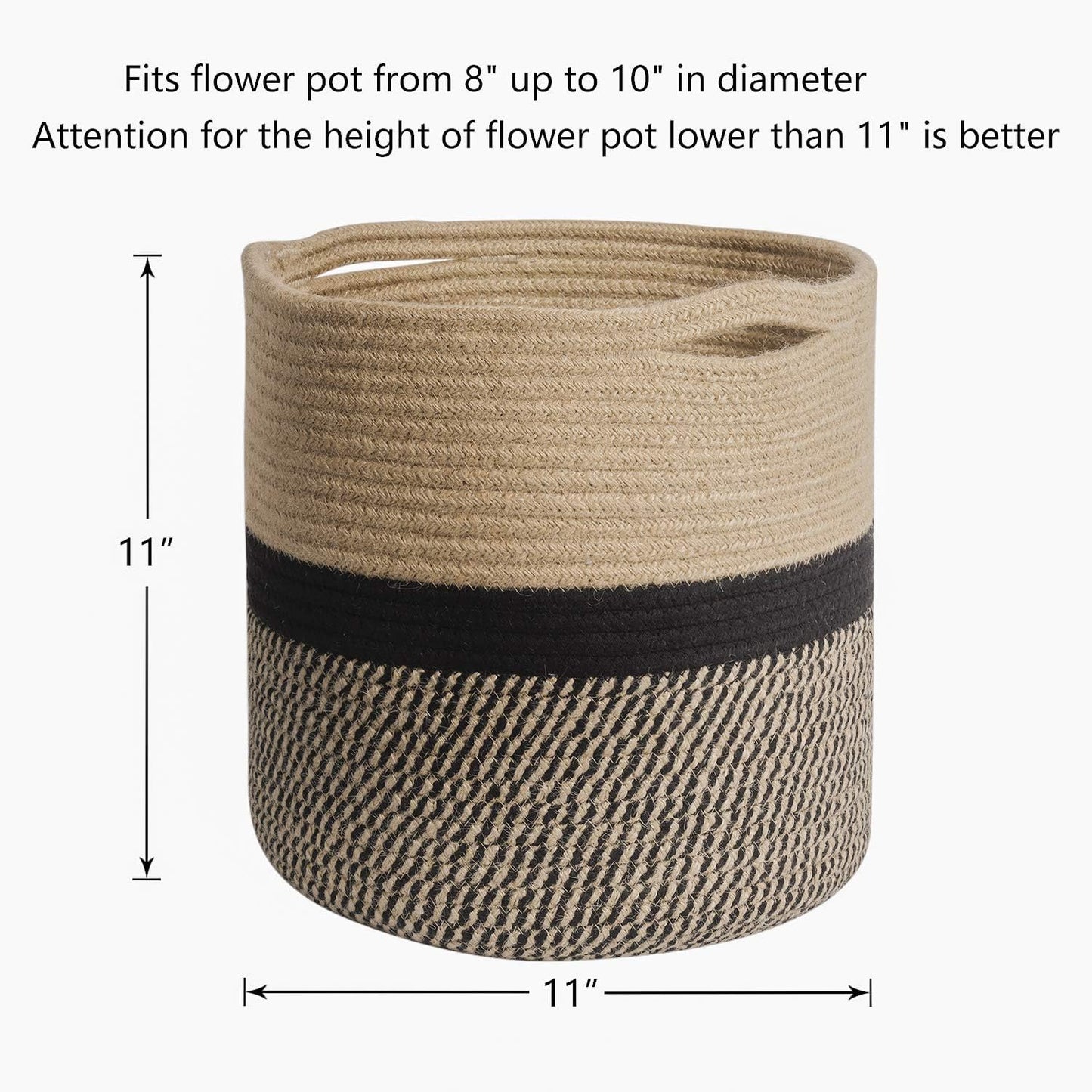 TIMEYARD Sturdy Jute Rope Plant Basket Modern Woven Baskets for 10" Flower Pot Floor Indoor Planters, 11” x 11” Storage Organizer Basket Rustic Home Decor, Black and Beige Stripes