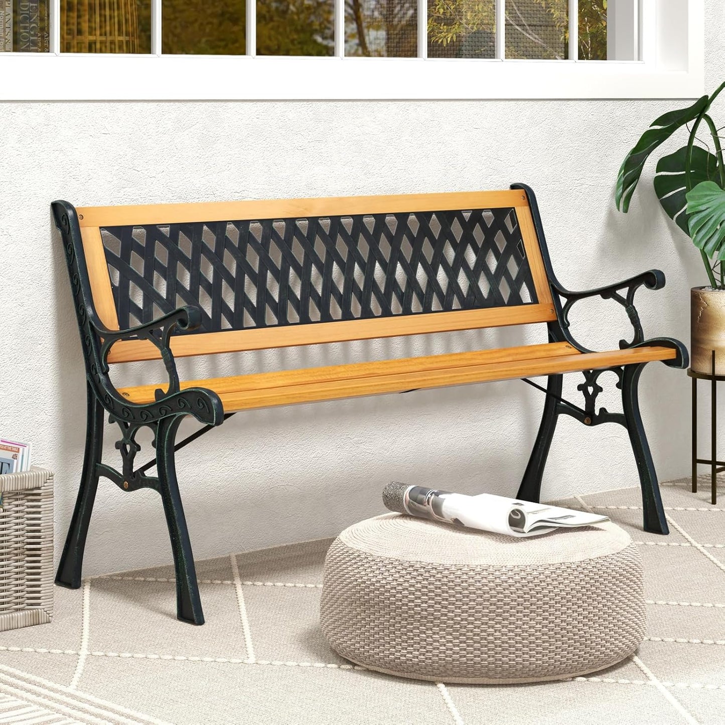 Tangkula Outdoor Garden Bench Park Bench, Patio Bench Chair with Cast Iron & Hardwood Structure, Weather Proof Porch Outdoor Furniture Loveseat, Perfect for Backyard, Deck, Lawn, Poolside