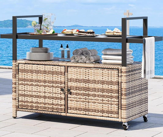 YITAHOME Large Outdoor Kitchen Wicker Island Rolling Cart & Patio Bar Table, w/Wheels and Black Glass Table Top Backyard and Poolside Light Brown