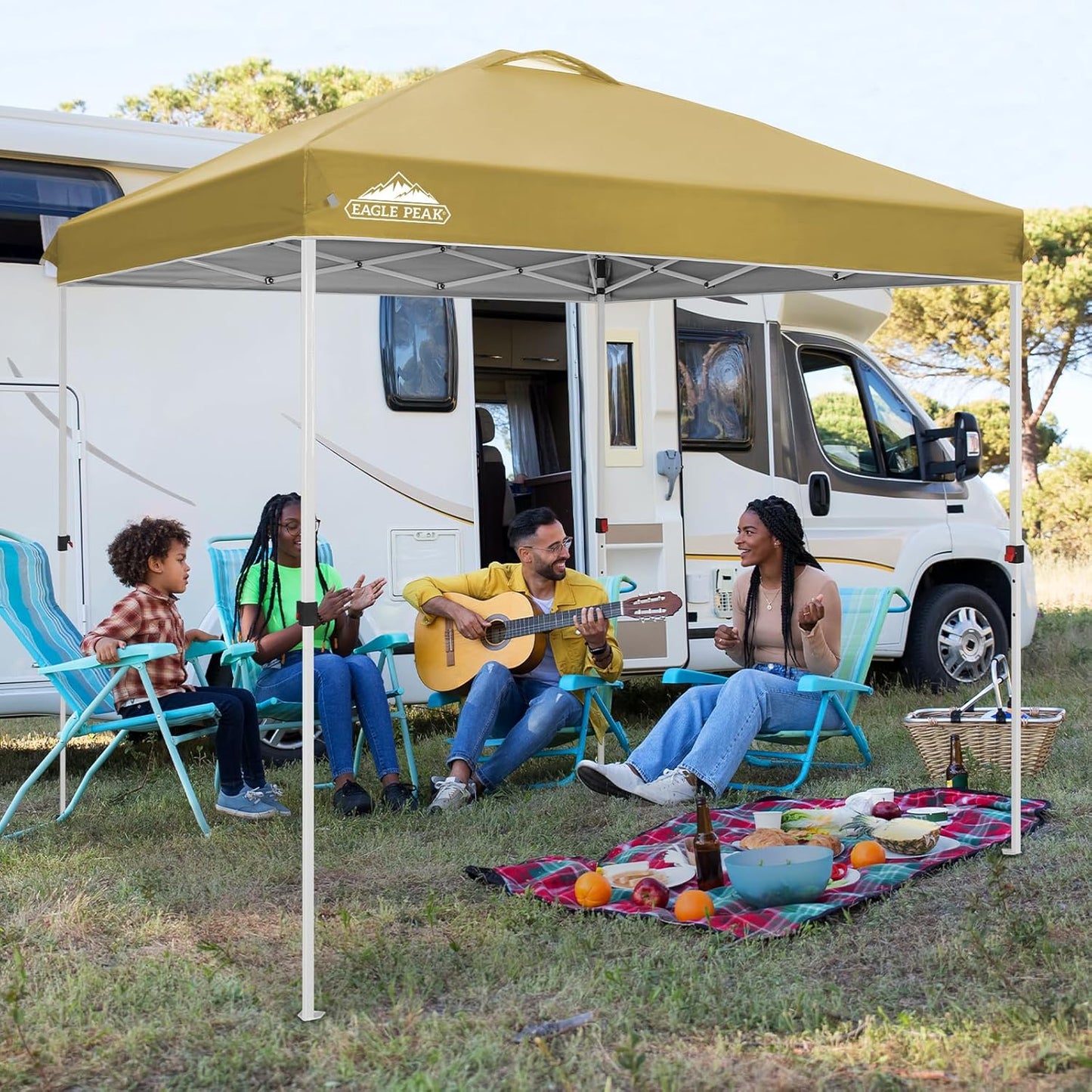 EAGLE PEAK Pop Up Canopy Tent with Wheeled Carry Bag, 8 Stakes, 4 Ropes, Easy Set Up Tent Canopy, 8x8 ft, Beige
