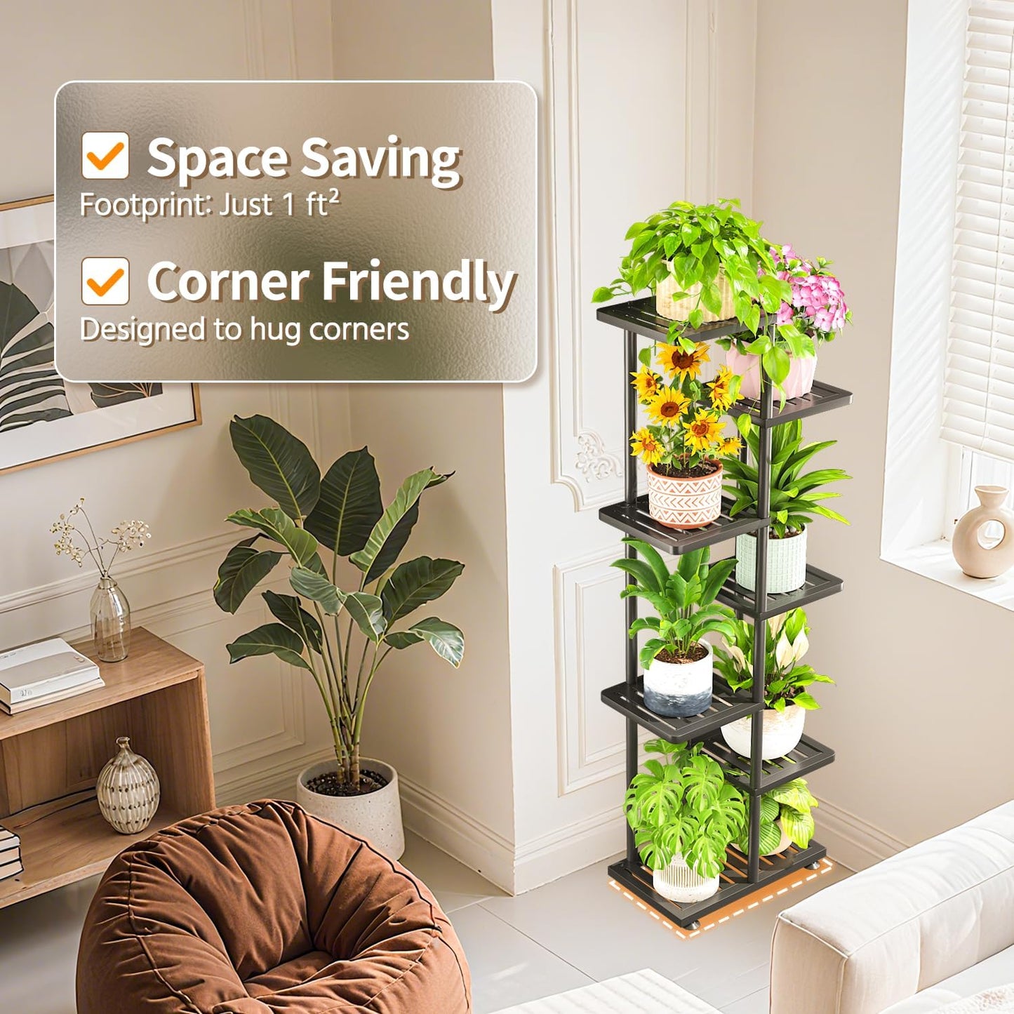 LASZOLA 6 Tier Plant Stand Indoors Outdoors for Large Heavy Duty Planter, Black Metal Tall Flower Holder Rack with Multiple Shelf for Modern Patio Corner, Vertical Organizer, Weather Resistant Bracket