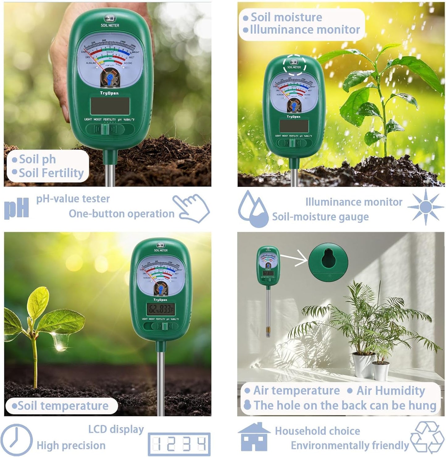 7-in-one Soil Test Kit, Soil Moisture Meter/Soil ph Meter/Fertility Soil Tester, Soil Hygrometer for Garden, Farm, Plant, Outdoor, Indoor, Lawn Care Moisture Meter for Hous Plants (No Battery Needed)