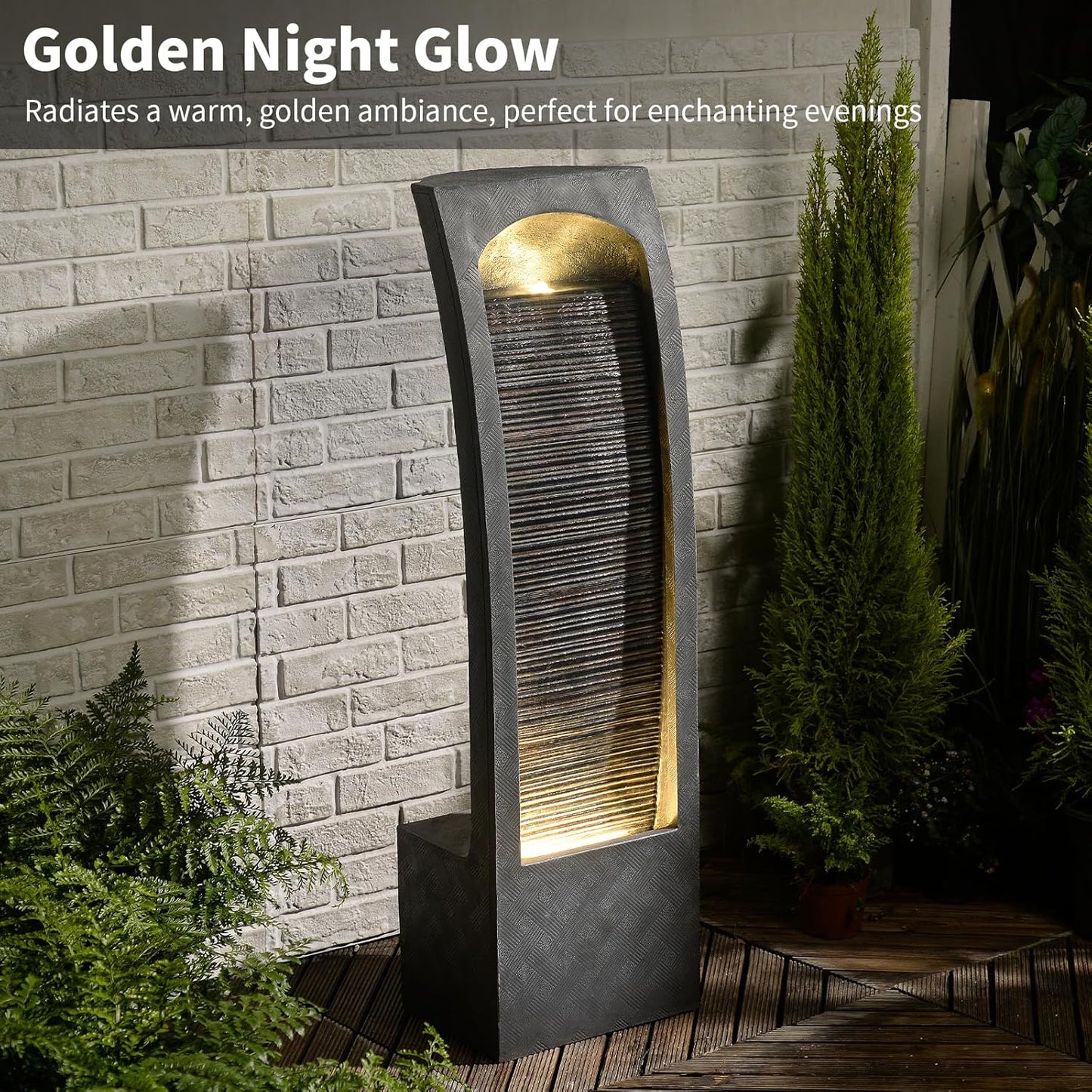Indoor Water Fountain Curved Faux Slate Outdoor Waterfall Fountains Floor Standing Tiered Rock with LED Lights and Pump for Garden, Backyard, Deck, Patio, Porch and Home Art Decor