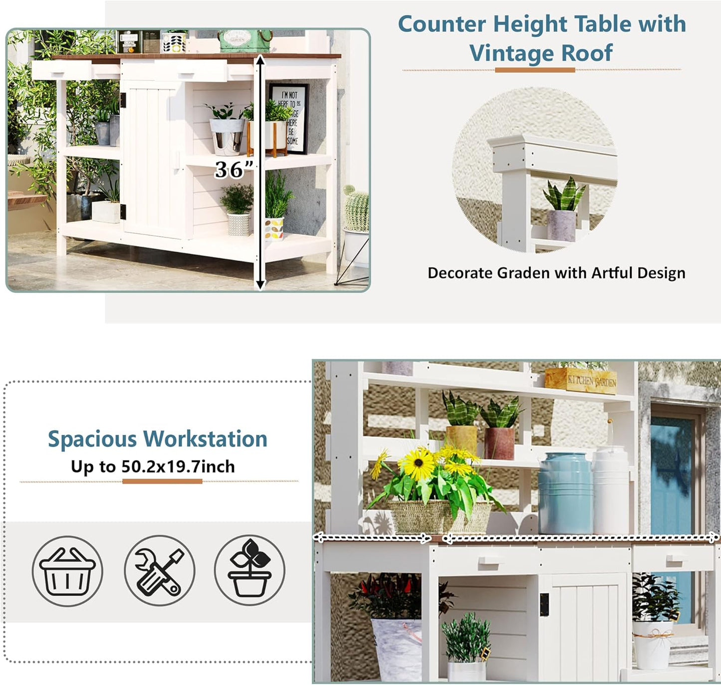 Outdoor Wooden Potting Bench Table – Farmhouse Garden Workstation with Drawers, Cabinet & Storage Shelves, Large Fir Wood Work Table for Patio, Backyard, Mudroom, Greenhouse (White, 66'' H)
