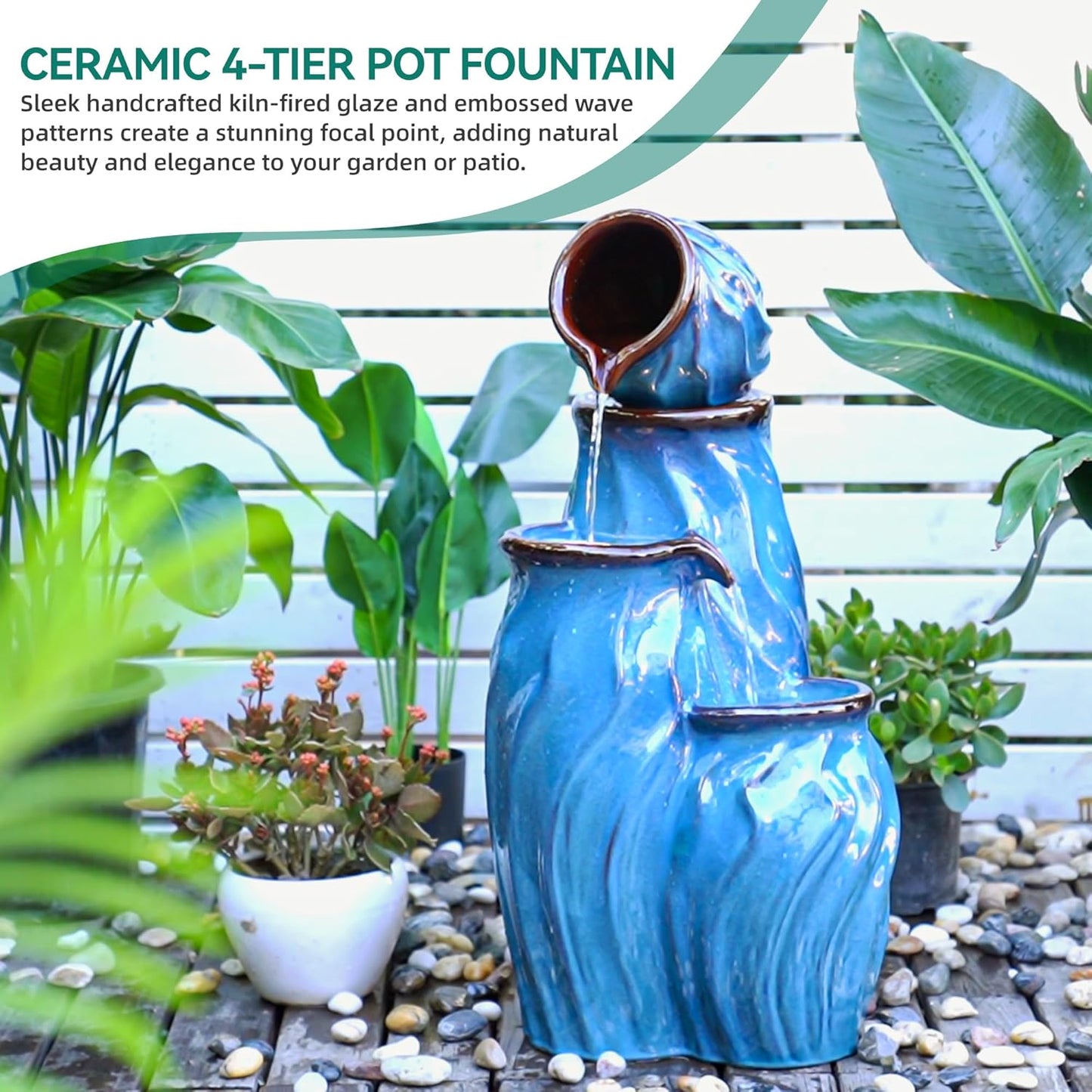 29" Tall Ceramic Outdoor Fountain and Waterfalls, 4-Tier Cascading Jars Water Feature, Tranquil Oasis for Relaxing Garden, Patio, Yard, or Porch Decor, Turquoise, Dynamic Wave-Texture