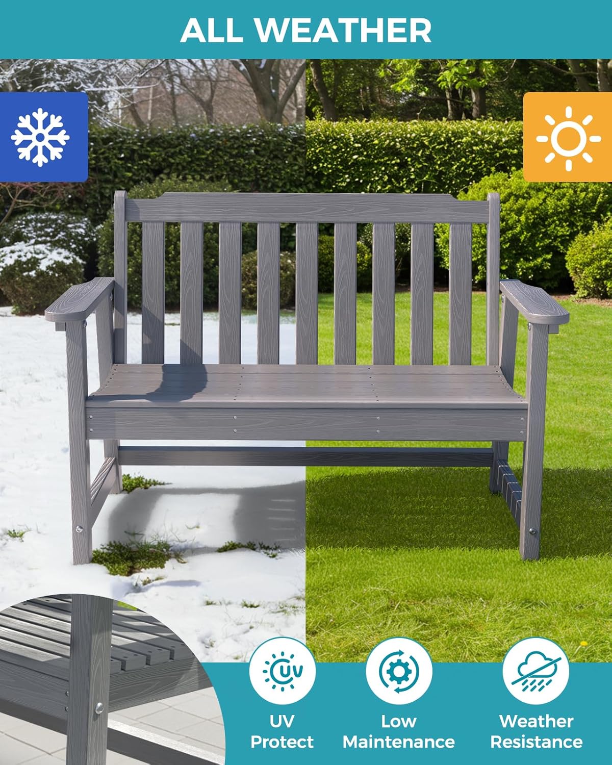 Outdoor Bench, 2-Person HDPE Garden Bench, All Weather Poly Patio Bench for Outdoors, Garden, Backyard, Porch and Park, 660 lbs Weight Capacity, Grey, 2 Pack