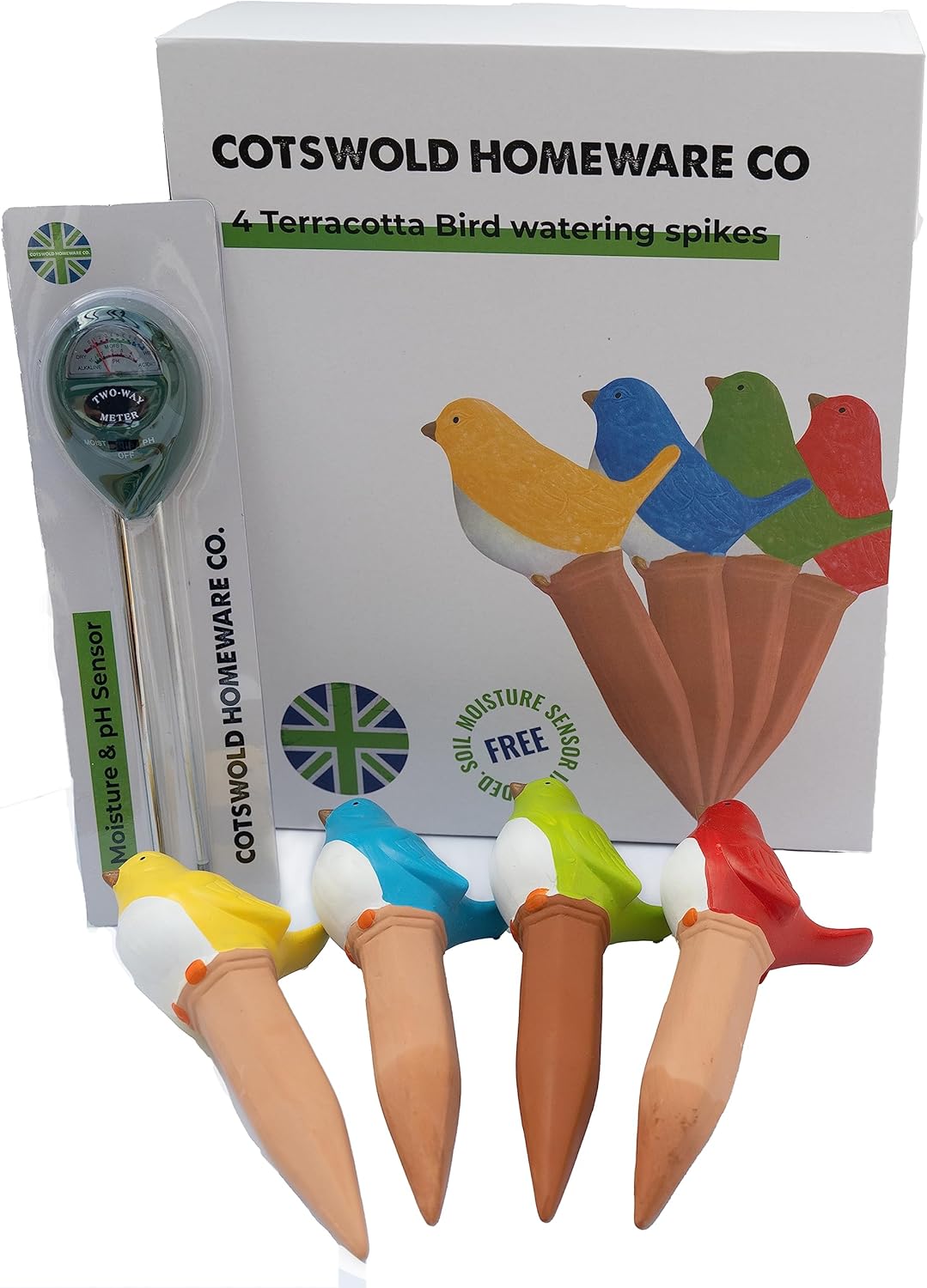 Plant Watering Devices, Plant Waterer Self Watering Terracotta Bird Spikes Automatically Water Indoor and Outdoor Plants While On Vacation (4pc) Plus Free Moisture and pH Sensor