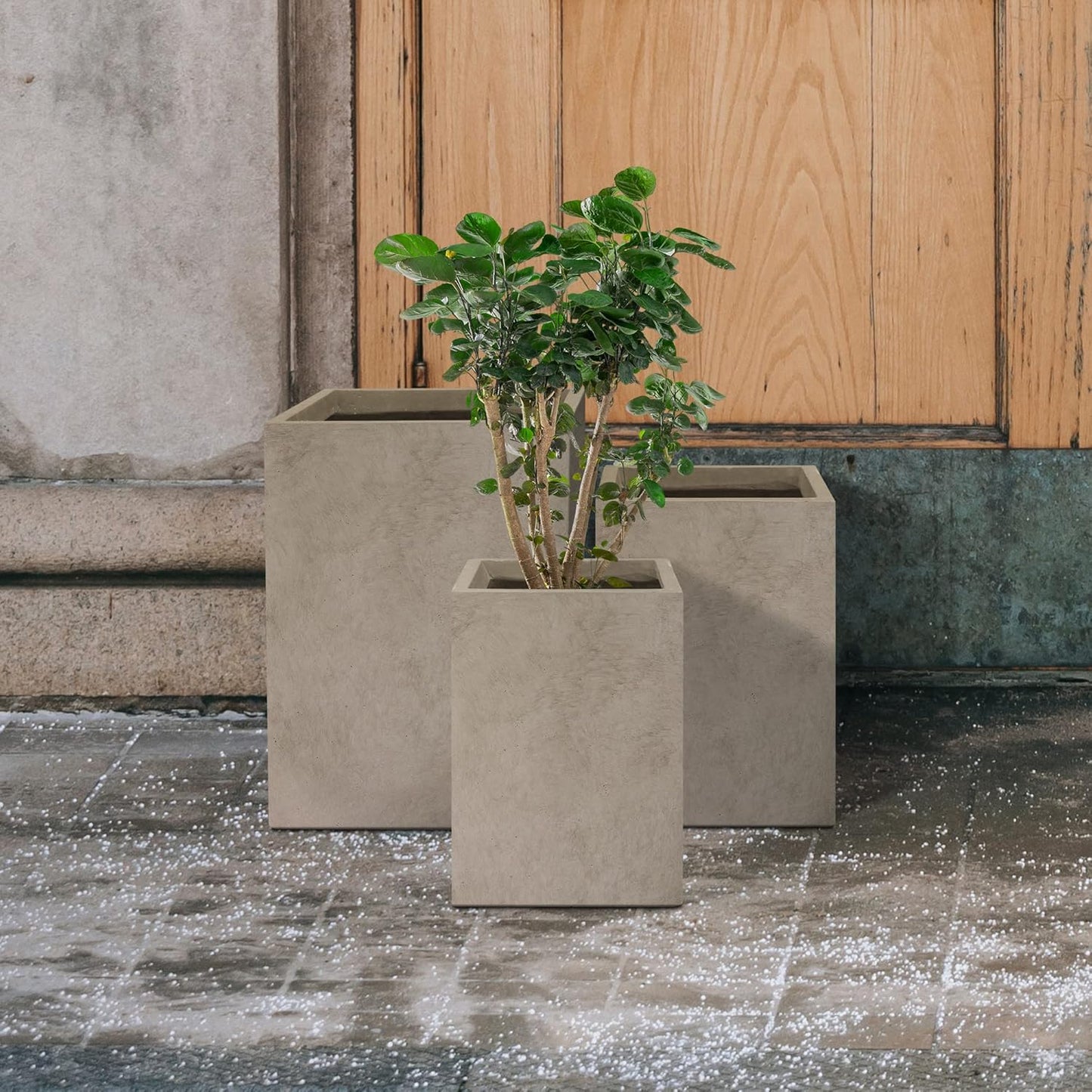 Kante 18.5",15.7",12.6" H Tall Rectangular Concrete Planters Set of 3, Outdoor Indoor Lightweight Plant Pots with Drainage Hole and Rubber Plug, Modern Style for Home Garden Patio, Weatheted Concrete