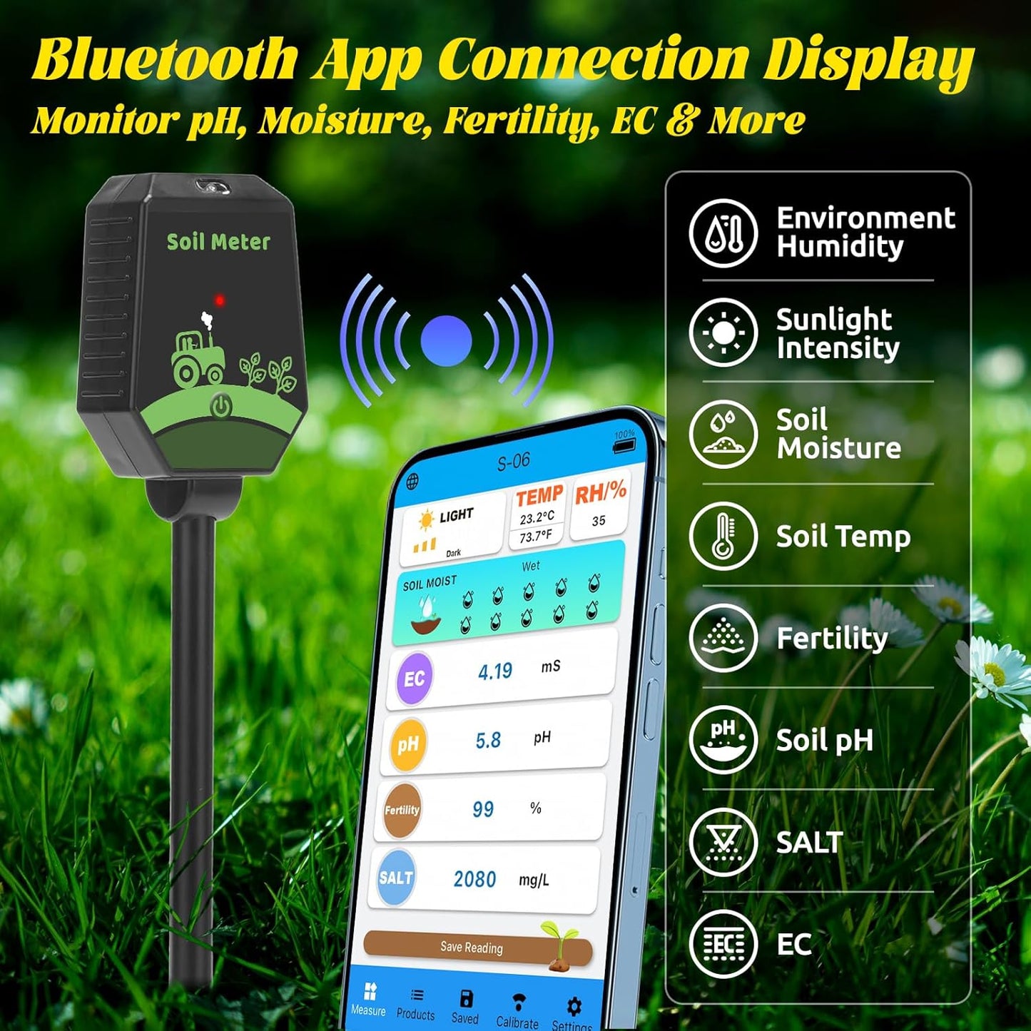 Smart Soil pH Tester Digital Soil Moisture Tester 8 in 1- pH, EC, Moisture, Fertility, Salinity, Sunlight, Humidity, Temperature Monitor Soil Test Kit for Garden, Lawn, Hydroponics