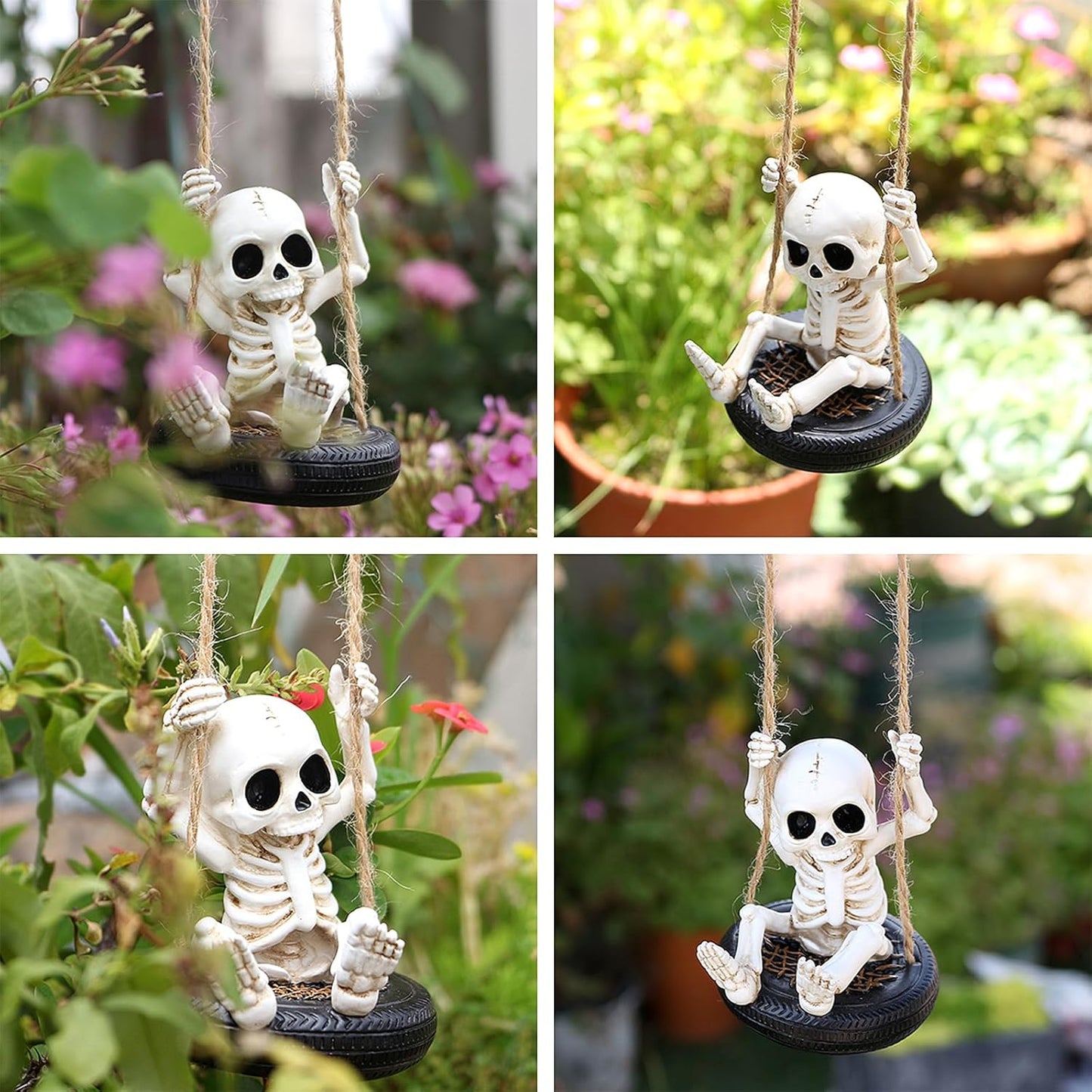 Swinging Skeleton Statue Halloween Decorations, Mini Cute Hanging Skull Swing Resin Figurine Hanging Decorations for Outdoor Garden Yard Tree Ornaments