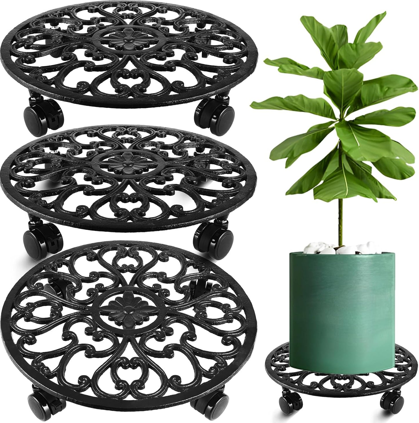 3 Packs 14 Inch Rolling Plant Stand with Wheels Metal Plant Caddy with Wheels Heavy Duty Round Plant Stand Indoor Iron Plants Rollers for Plants, Plant Dolly