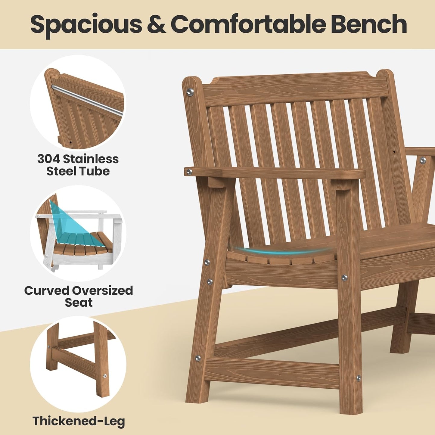 Ciokea 46" Heavy Duty Outdoor Bench Set of 2, HDPE Weatherproof Garden Bench, 2-Person Memorial Benches with 660 Lbs, Waterproof Patio Porch Benches for Outside Business Deck Office Backyard, Teak