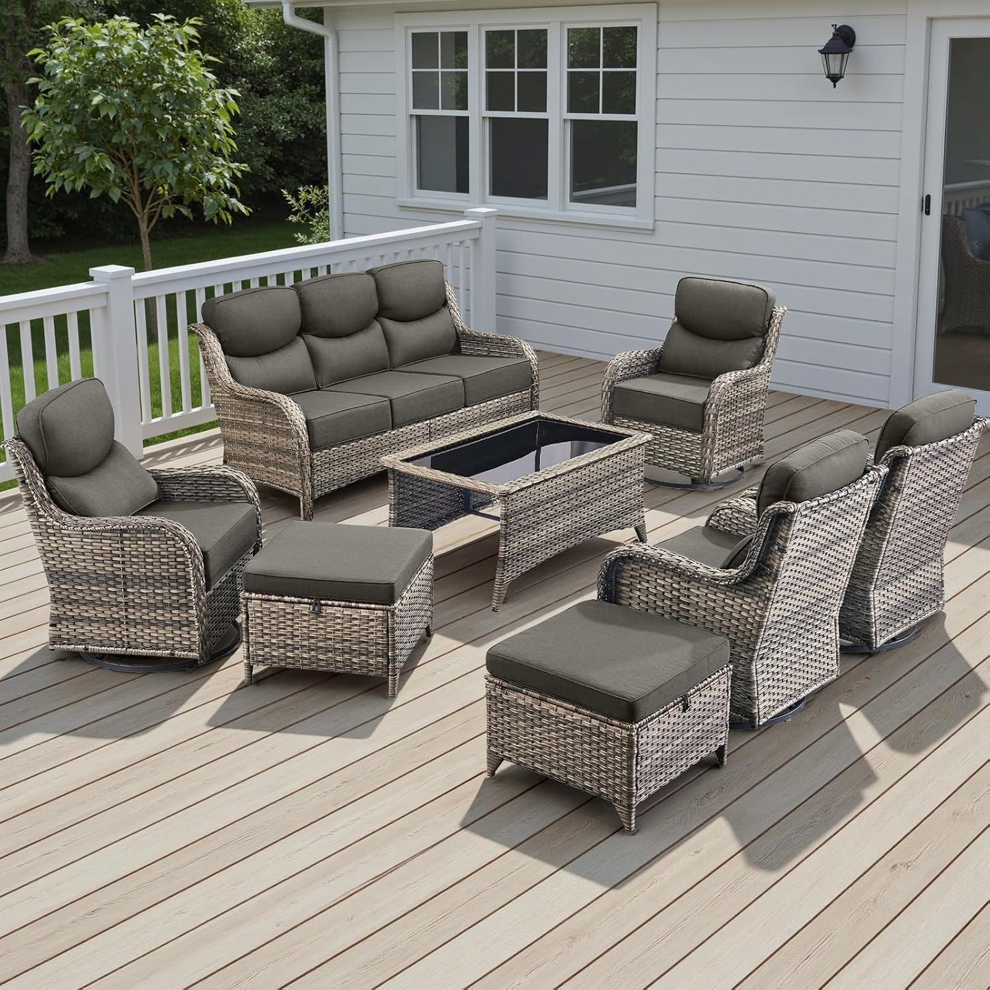Wicker Outdoor Patio Furniture Set - 8 Piece Patio Conversation Sets with Swivel Rocker Chairs, Ottomans, Sofa and Coffee Table, 6 inch Cushions, Deep Seating, for Porch Deck Mixed Grey/Grey