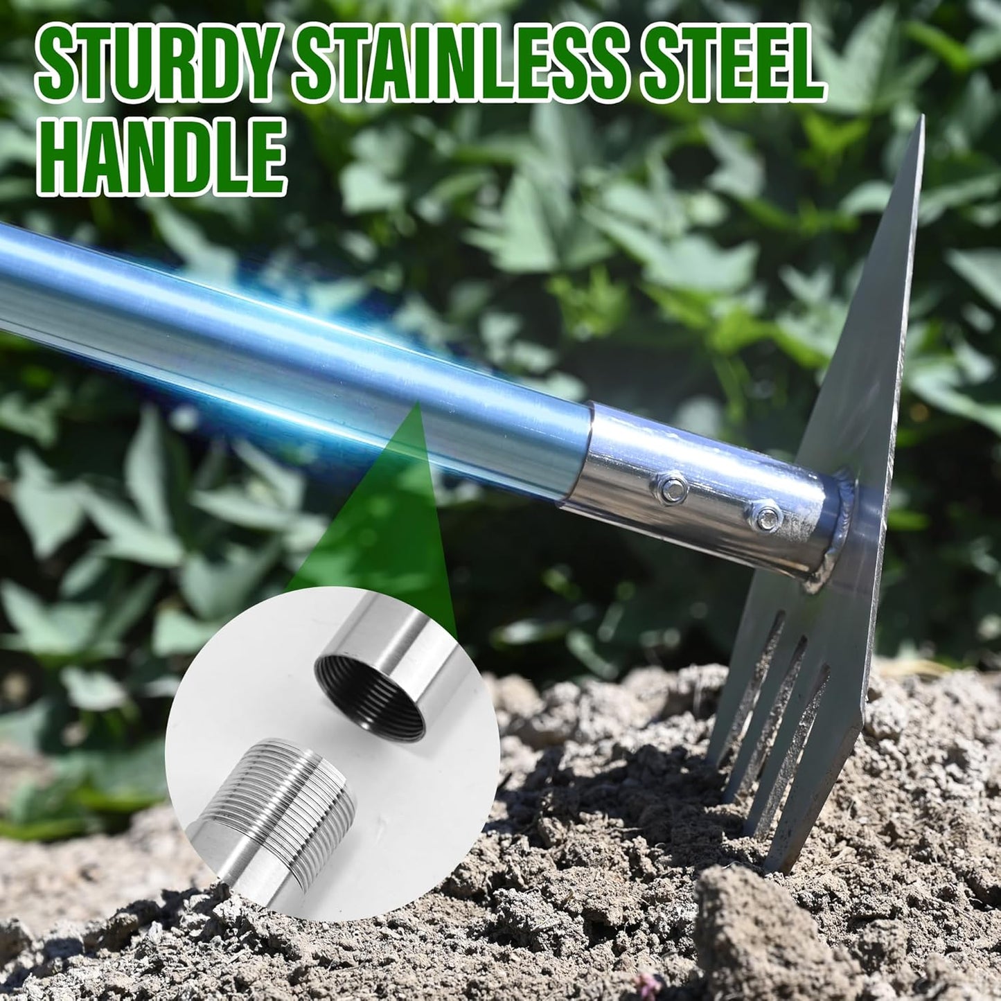 4-in-1 Garden Hoe Tool and Weeder, 56 Inch Ergonomic Long Handle Cultivator with Sharp Stainless Steel Blade, Heavy Duty Garden Hand Tiller for Weeding, Digging, Loosening Soil,Removing Moss