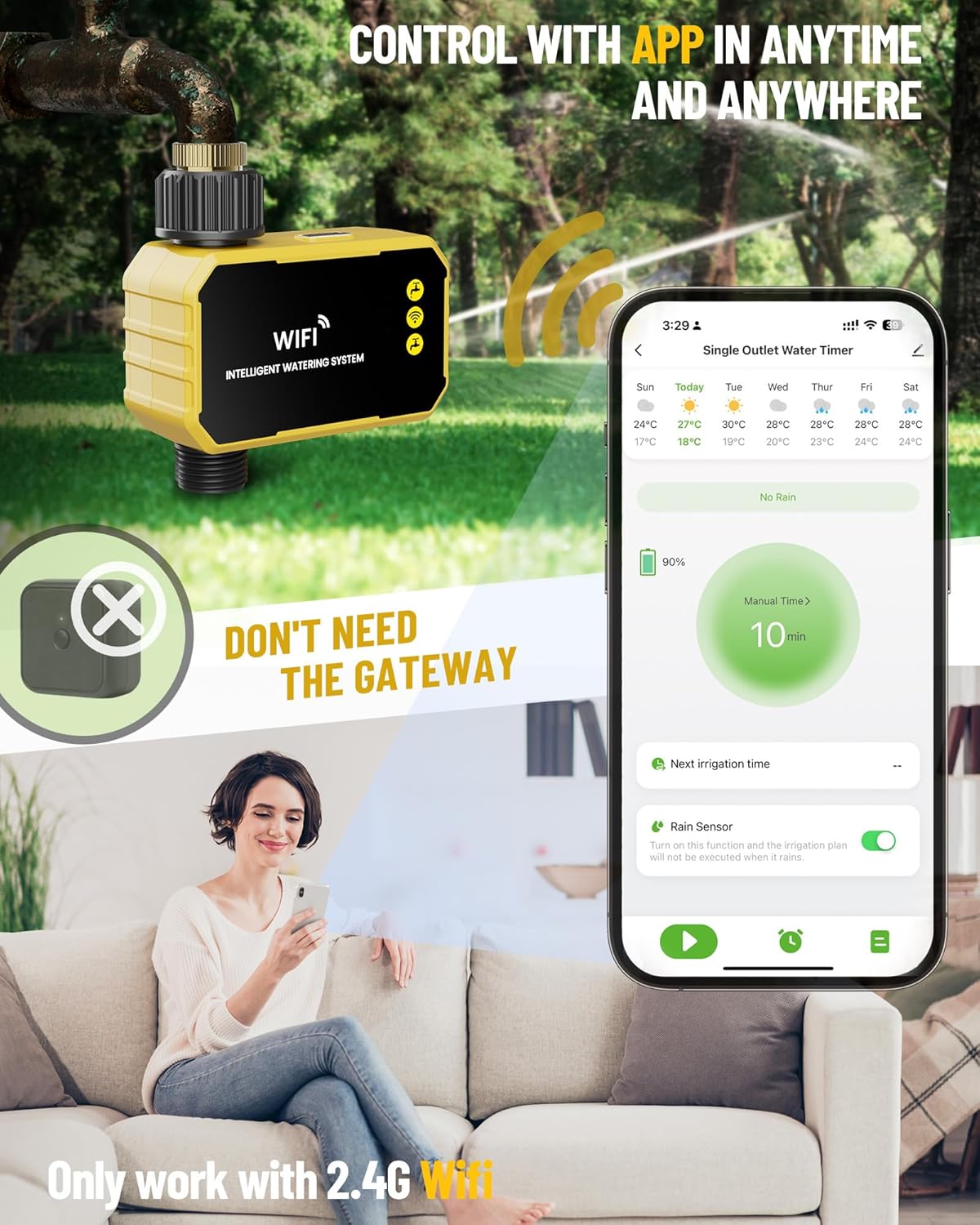 WiFi Water Timer with Brass Inlet No Need Gateway, Smart Hose Timer WiFi Sprinkler for Garden Hose, APP Remote Control Via 2.4Ghz WiFi Voice Control with Alexa and Google Assistant