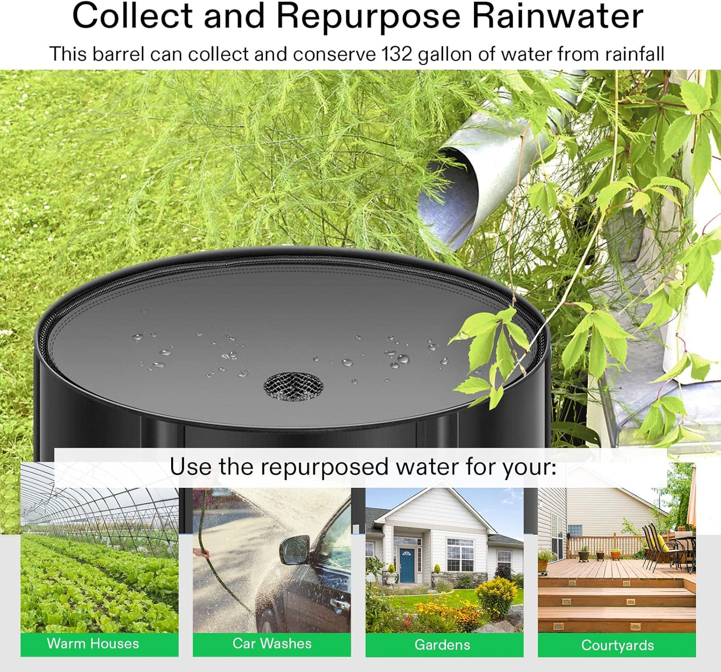 VIVOSUN Collapsible Rain Barrel, 132 Gallon Water Storage Tank with 1000D Oxford Cloth, Portable Rain Collection System Includes Two Spigots and Overflow Kit, Black