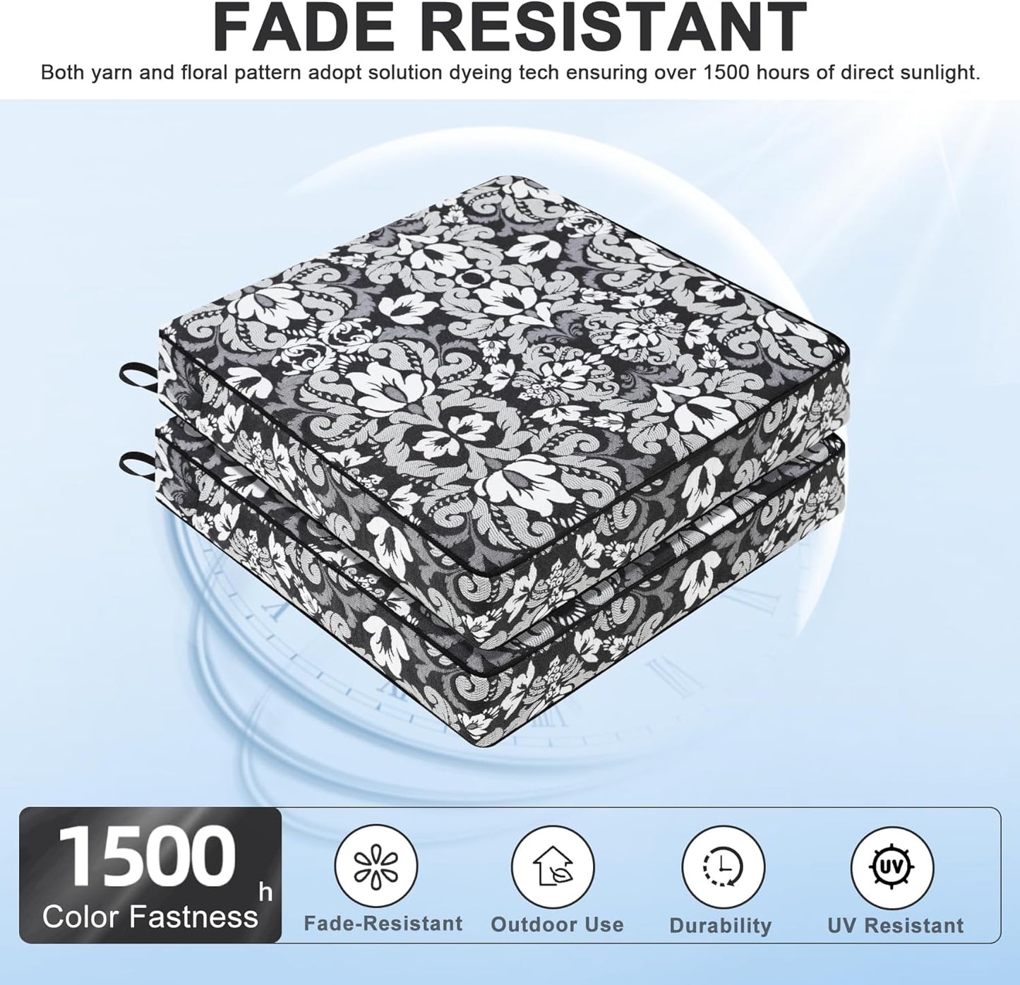 Favoyard Outdoor Chair Cushion 22 x 22 x 3 In Waterproof Pattern Fade Resistant Cushions for Patio Furniture with Removable Cover Attach Straps 28D Foam Insert Cushions Pads for Seat Sofa Couch 2 Pack