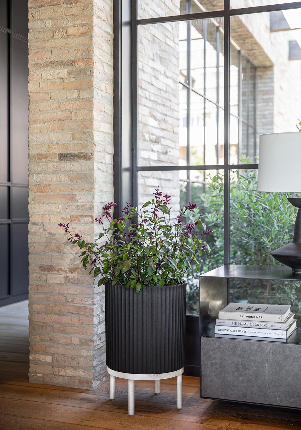 Veradek Demi Series Round Planter w/Stand for Porch/Patio | Durable Plastic-Stone Composite & Wooden Stand | Modern Décor for Tall Plants, Flowers