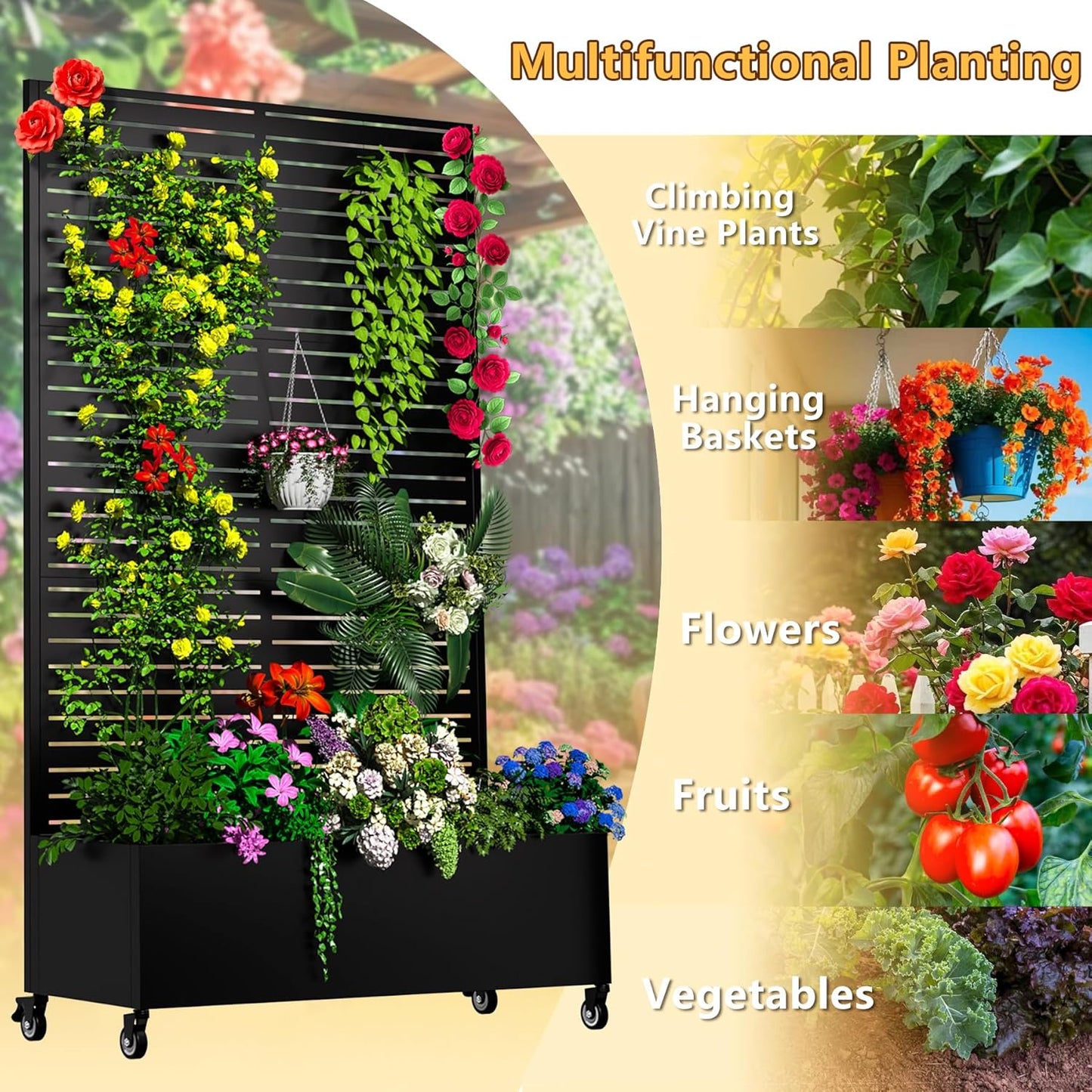 Metal Planter Box with Trellis Outdoor, 72.1"x47.2"x16" Galvanized Raised Garden Bed with Privacy Screen & Drainage Holes & Lockable Casters for Climbing Plants, Vegetable (Louvered-Black)